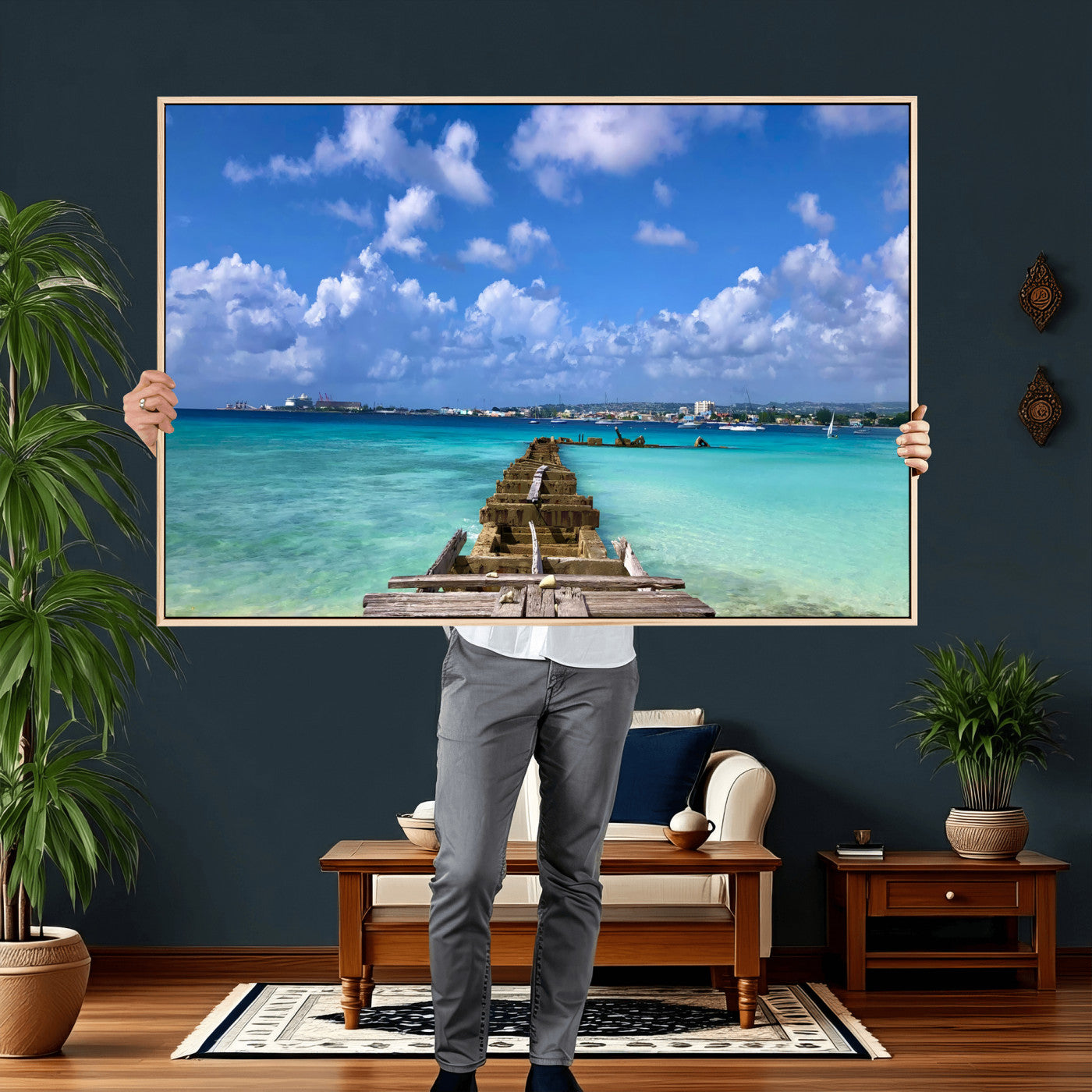 43165024-MGV-CV-36X24 - Caribbean Ocean Pier Seascape Wall Art Canvas Print, Turquoise Sea Tropical Harbor Canvas Print, Island Coastal Blue Water Scenic Art Printing
