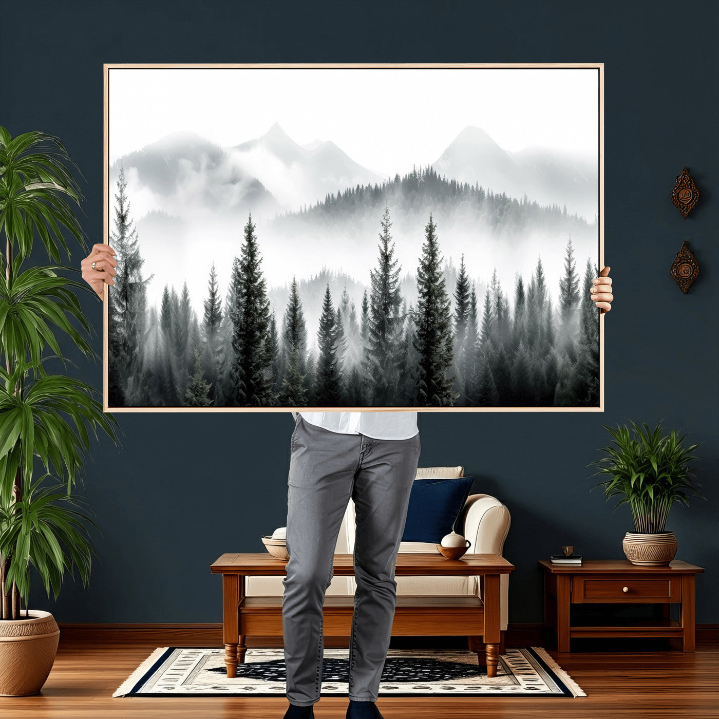 38819032-MGV-CV-36X24 - Misty Pine Forest Mountain Landscape Wall Art Canvas Print, Foggy Evergreen Trees Minimal Nature Canvas Print, Monochrome Wilderness Scenic Art Printing