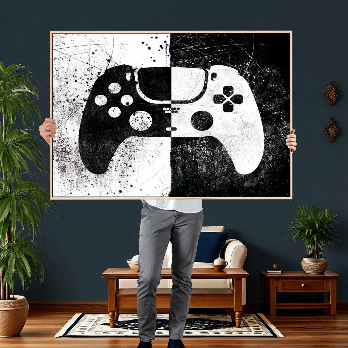 17525128-MGV-CV-36X24 - Abstract Gaming Controller Wall Art Canvas Print, Black White Video Game Controller Modern Canvas Print, Minimal Gamer Graphic Art Printing