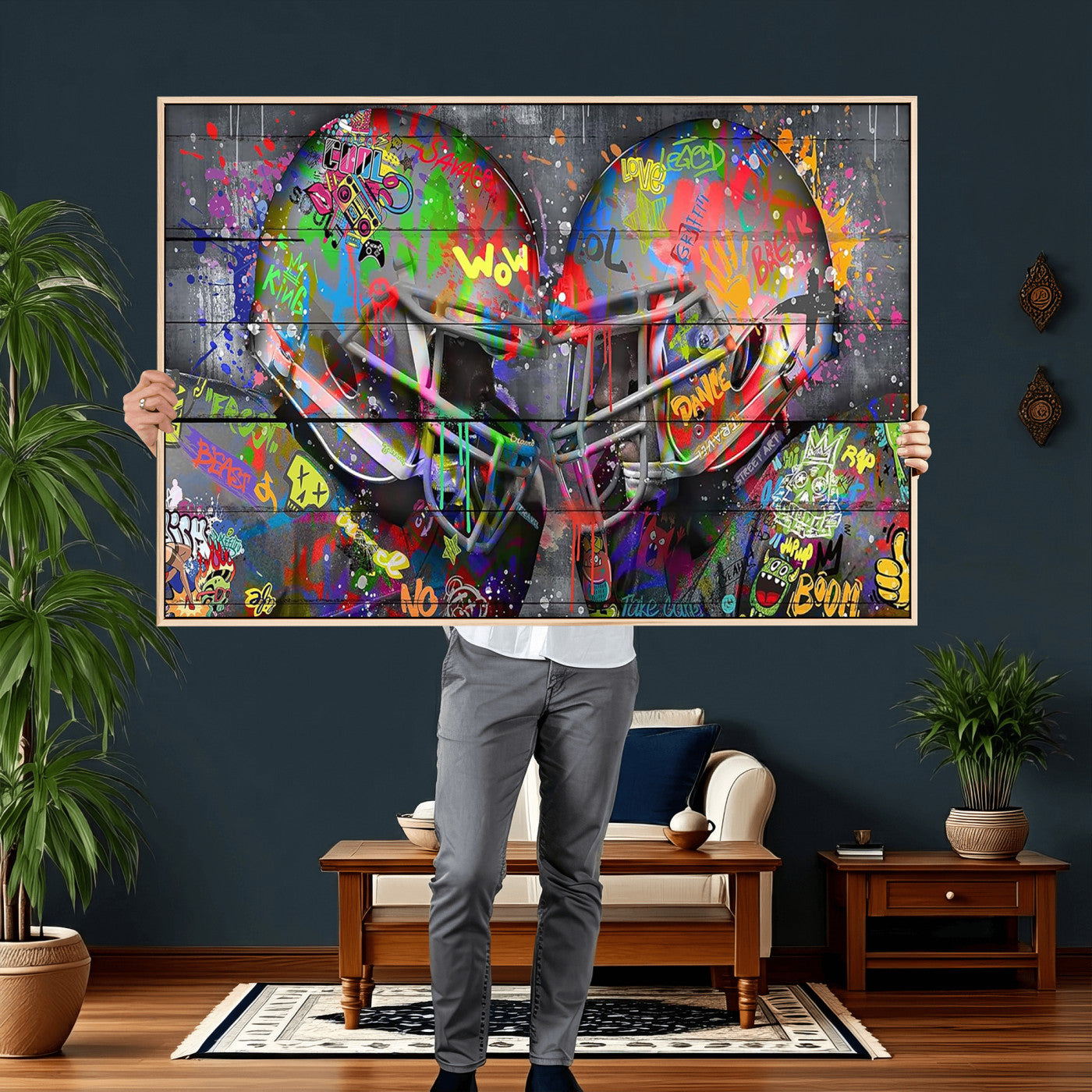 15309853-MGV-CV-36X24 - Graffiti Football Helmets Wall Art Canvas Print, Urban Street Art Sports Decor, Colorful American Football Graffiti Artwork