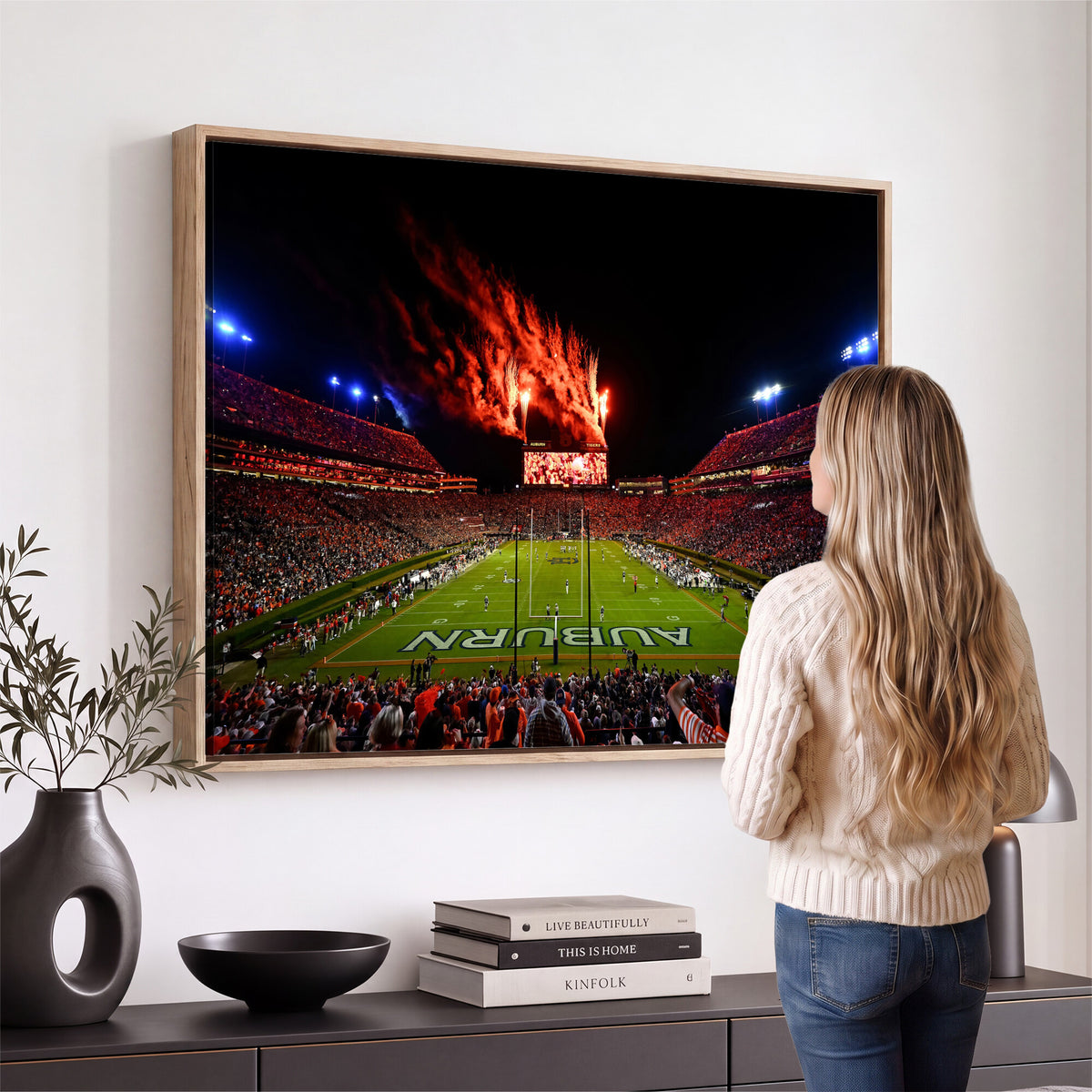 81918884-MGV-CV-36X24 - Auburn Stadium Wall Art Canvas Print, College Football Night Game Crowd, Jordan Hare Stadium Artwork