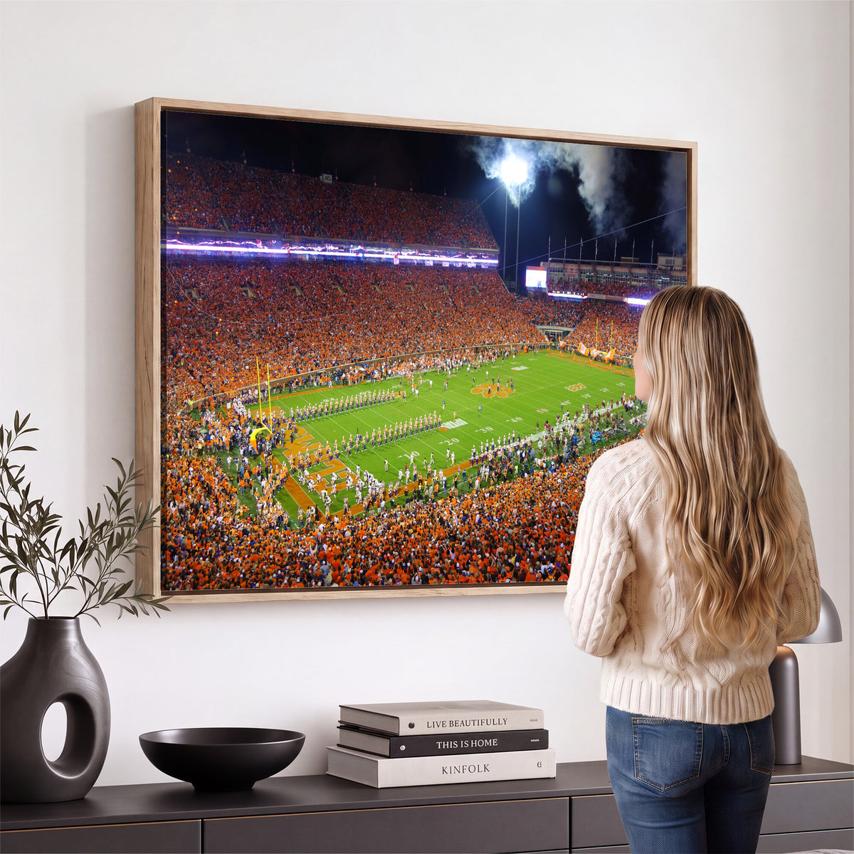 43662631-MGV-CV-36X24 - Clemson Football Stadium Wall Art Canvas Print, College Football Crowd Night Game Scene, Orange Stadium Panorama Wall Decor