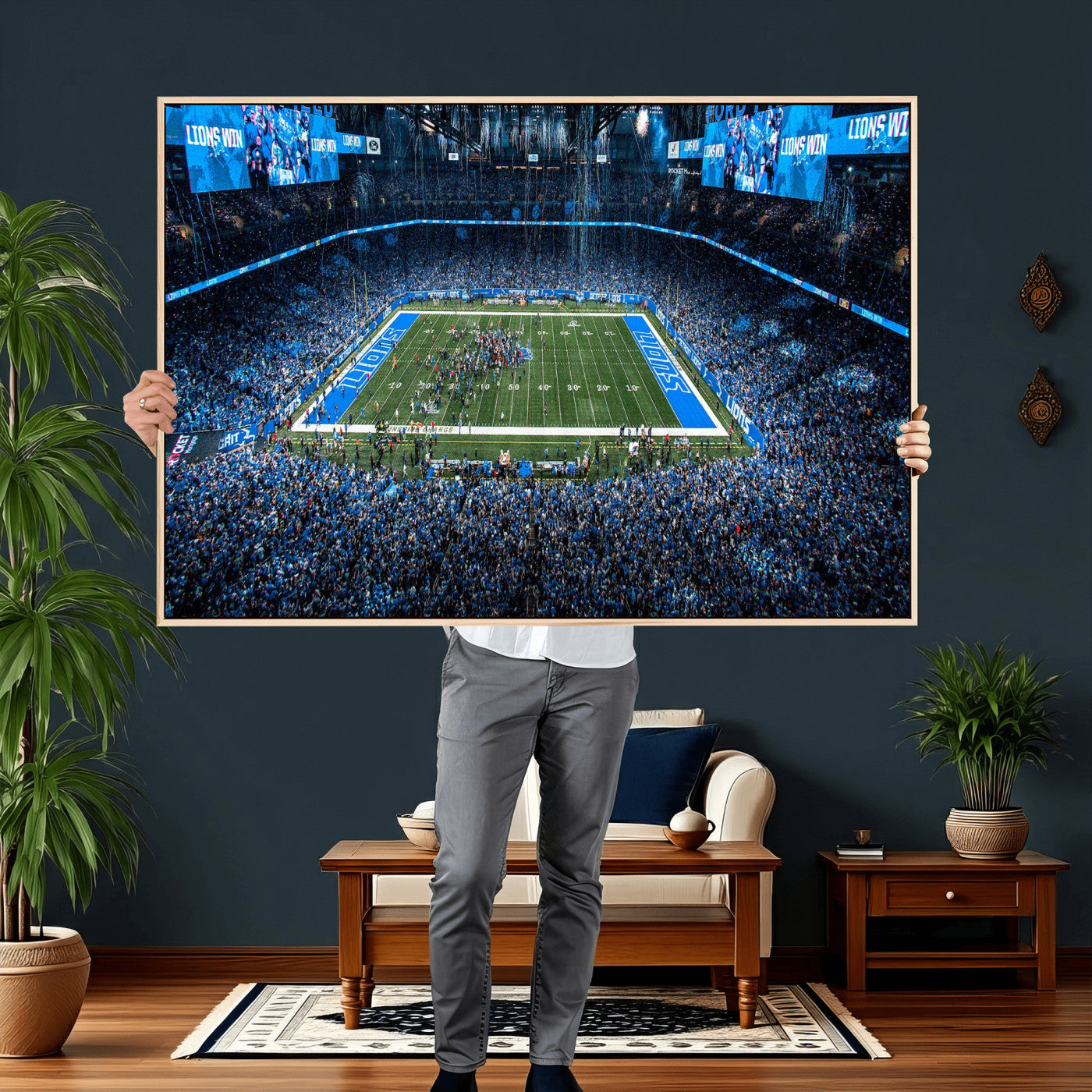 80882005-MGV-CV-36X24 - Detroit Lions Stadium Wall Art Canvas Print, Football Field Panorama Artwork, NFL Game Night Stadium Decor