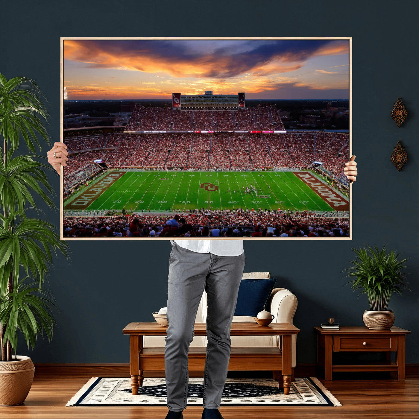 51457497-MGV-CV-36X24 - Oklahoma Sooners Stadium Wall Art Canvas Print, College Football Sunset Game Scene, OU Football Field Panorama Wall Decor