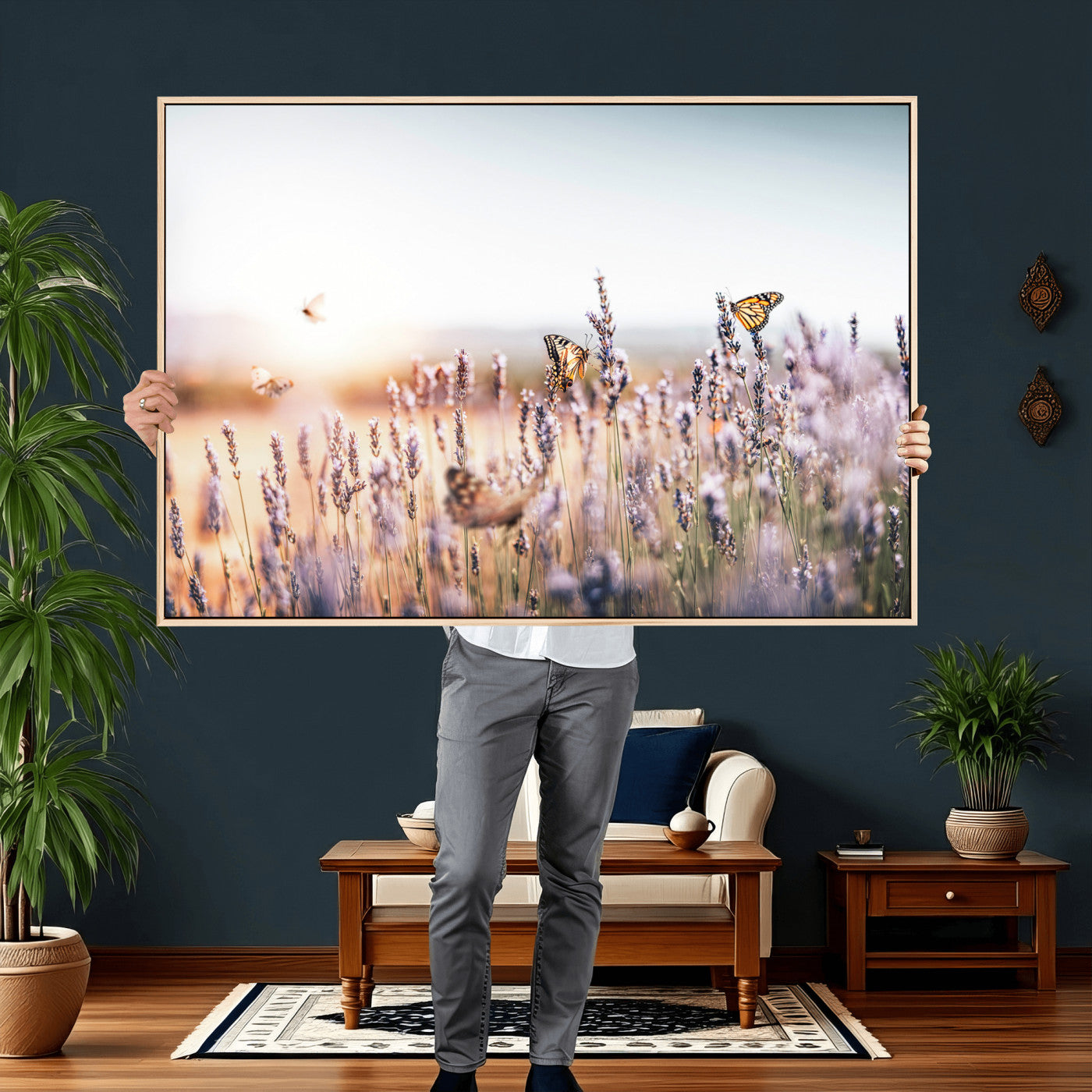46417478-MGV-CV-36X24 - Lavender Field Wall Art Canvas Print, Butterfly Floral Landscape Art, Soft Nature Wall Decor for Bedroom
