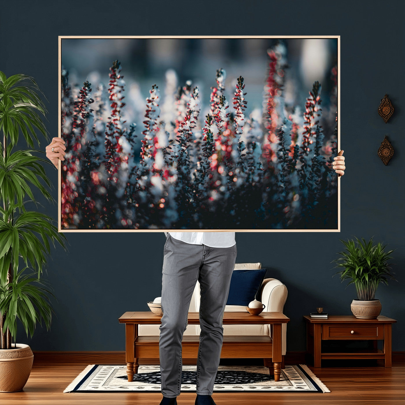 82063935-MGV-CV-36X24 - Winter Heather Wall Art Canvas Print, Frosted Floral Nature Art, Moody Botanical Wall Decor