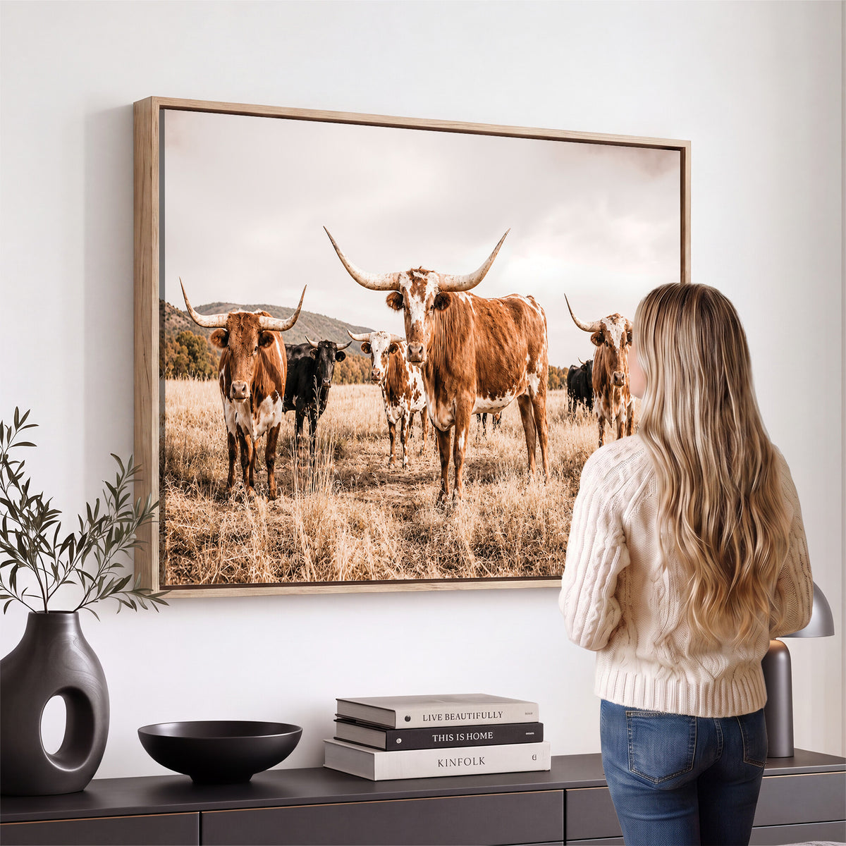 27539727-MGV-CV-36X24 - Texas Longhorn Cattle Wall Art Canvas Print, Sepia Western Decor