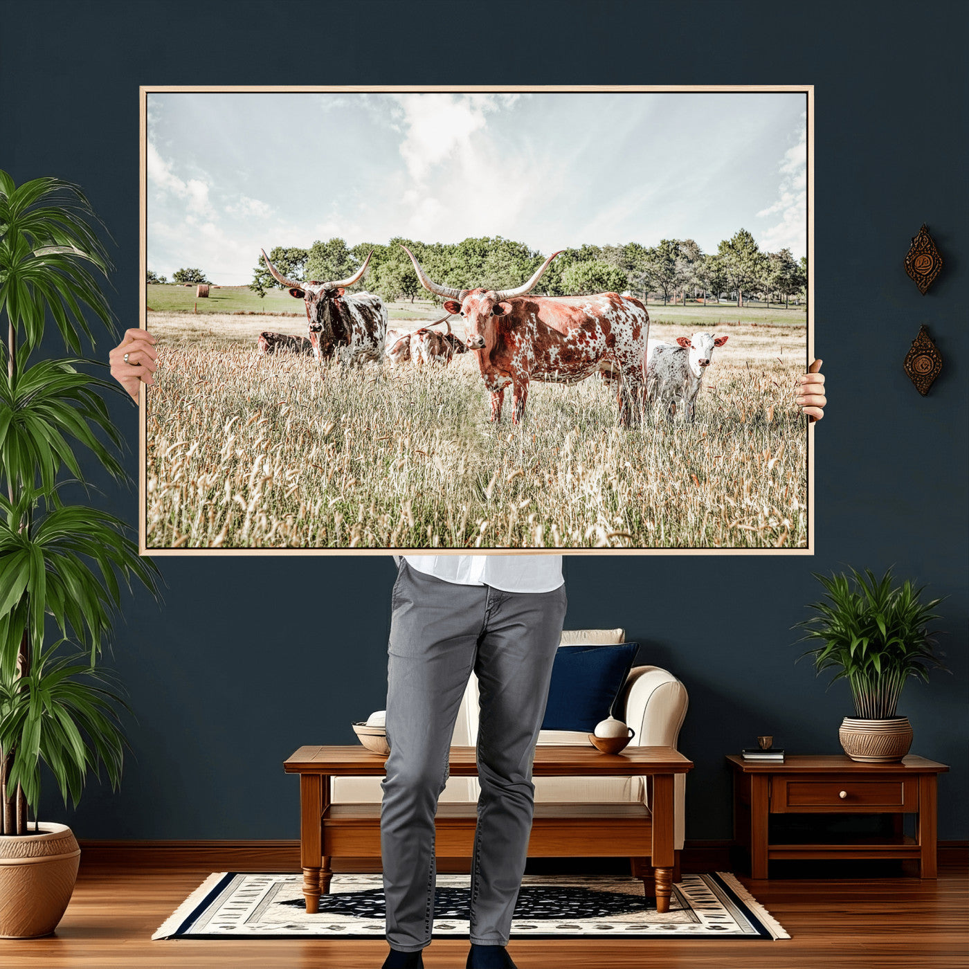 21823552-MGV-CV-36X24 - Texas Longhorn Cattle Wall Art Canvas Print, Rustic Ranch Landscape Artwork, Western Farm Field Scene, Country Prairie Animal Canvas Wall Art
