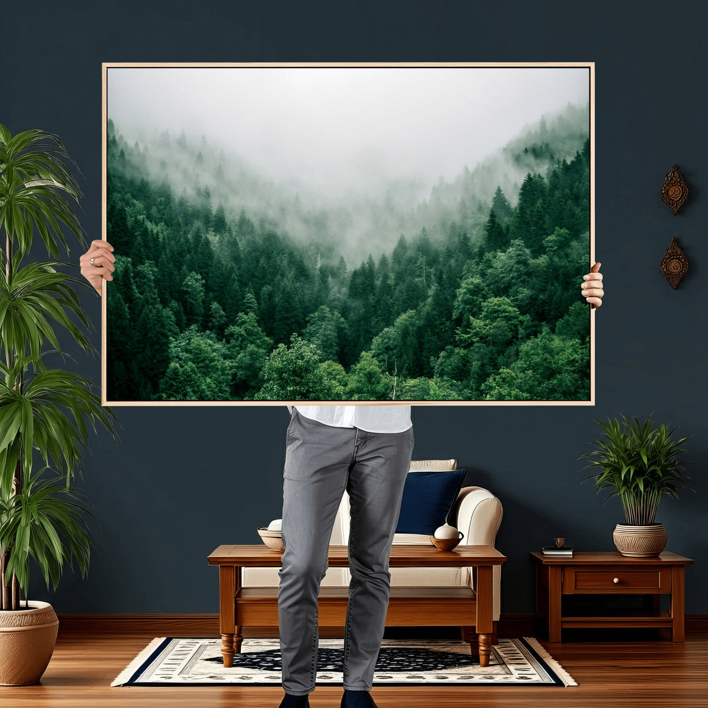 61640815-MGV-CV-36X24 - Misty Pine Forest Wall Art Canvas Print, Foggy Evergreen Landscape Wall Decor, Moody Green Nature Artwork, Minimal Forest Canvas Wall Art, Framed Canvas Wall Art Ready to Hang