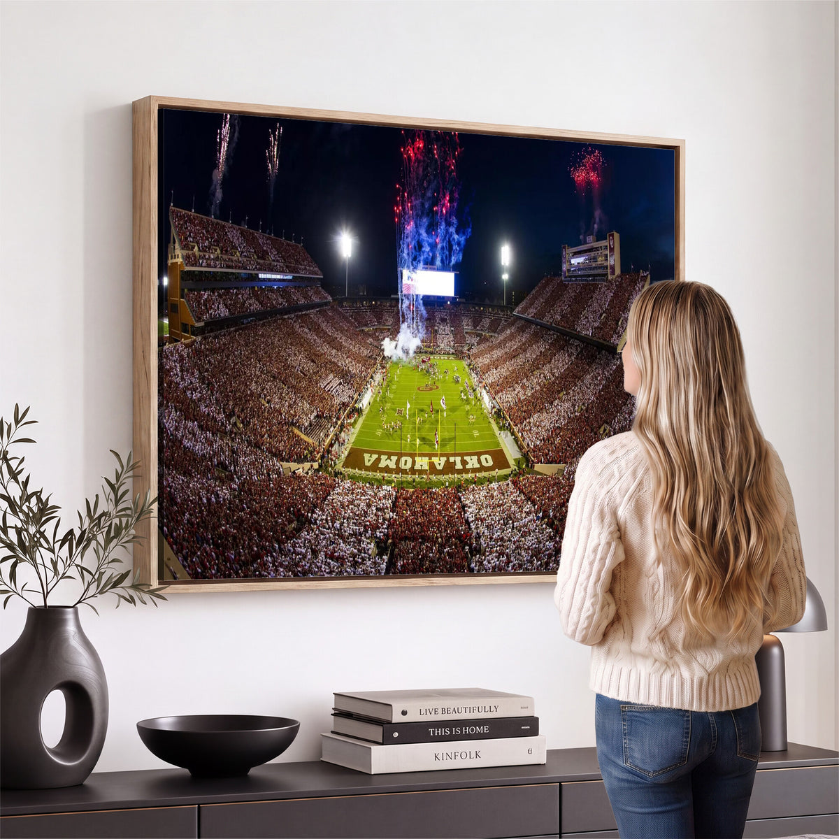 43197777-MGV-CV-36X24 - Oklahoma Memorial Stadium Wall Art Canvas Print – Oklahoma Sooners Football Artwork for Home, Office, and Sports Room Decor