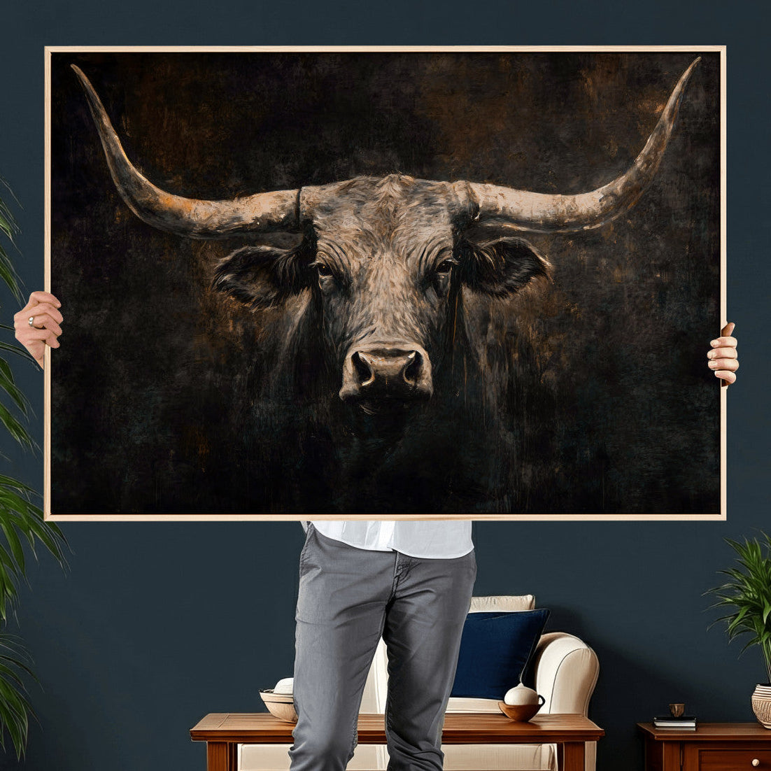 15731200-MGV-CV-36X24 - Vintage Longhorn Bull Wall Art Canvas Print – Rustic Western Cattle Artwork for Farmhouse, Ranch, Cabin, and Office Decor