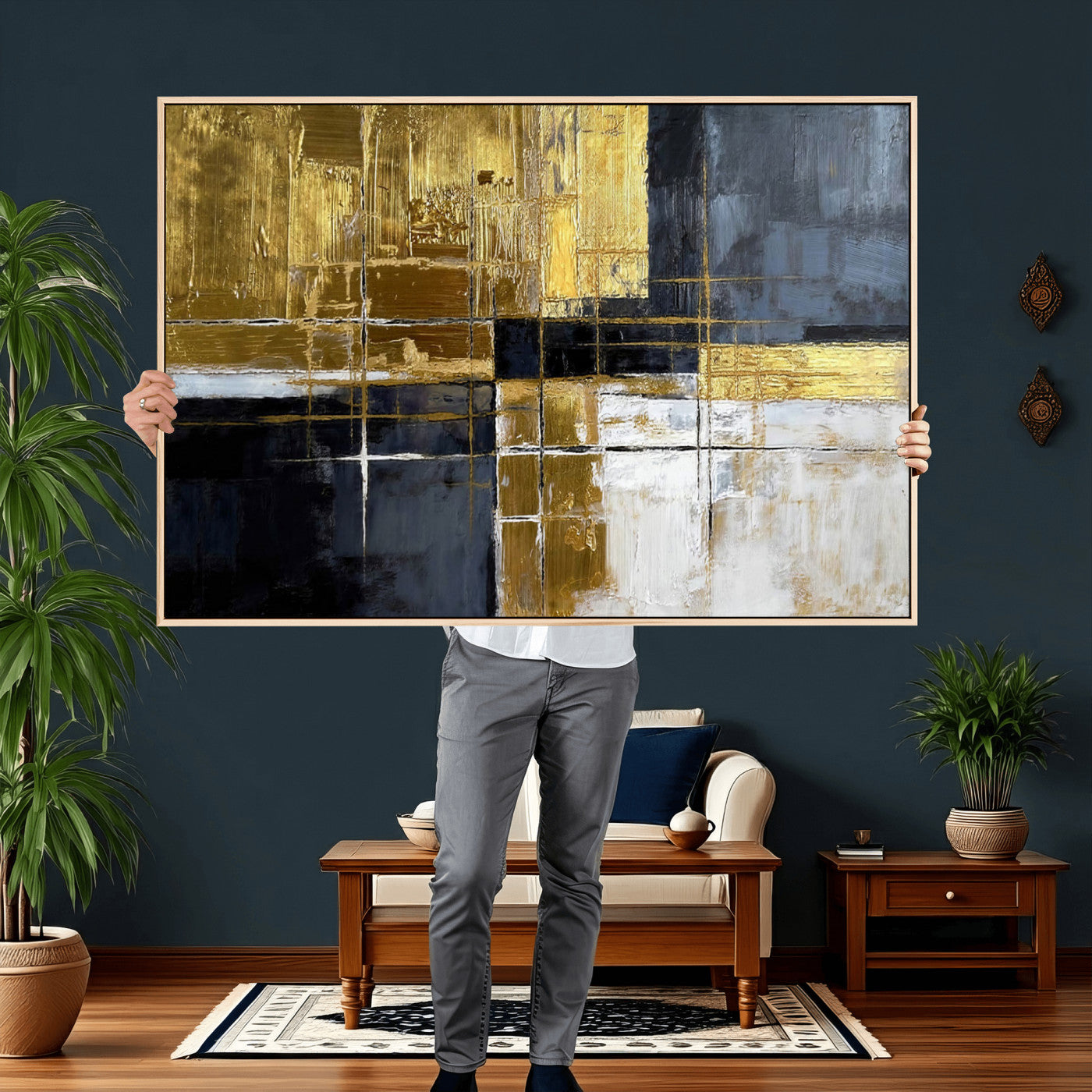 76917030-MGV-CV-36X24 - Gold Navy Abstract Wall Art Canvas Print, Modern Luxury Geometric Painting Wall Decor for Living Room and Office
