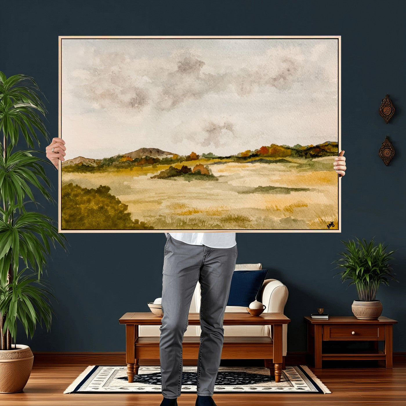 94151004-MGV-CV-36X24 - Watercolor Abstract Countryside Wall Art Canvas Print, Neutral Pastoral Landscape Painting Wall Decor for Modern Farmhouse Interiors
