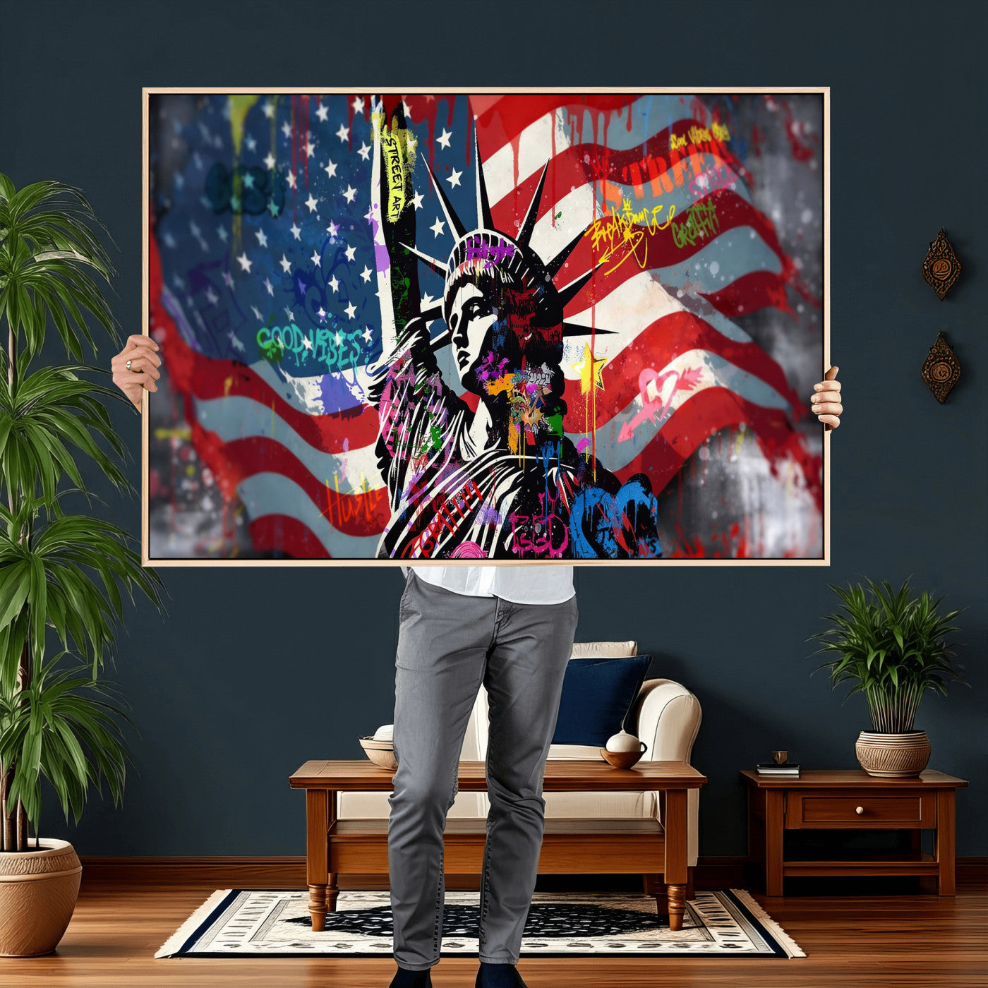 32151941-MGV-CV-36X24 - USA Statue of Liberty Graffiti Street Art Wall Art Canvas Print, American Flag Urban Pop Art Canvas Print, Modern Patriotic Street Art Contemporary Art Printing