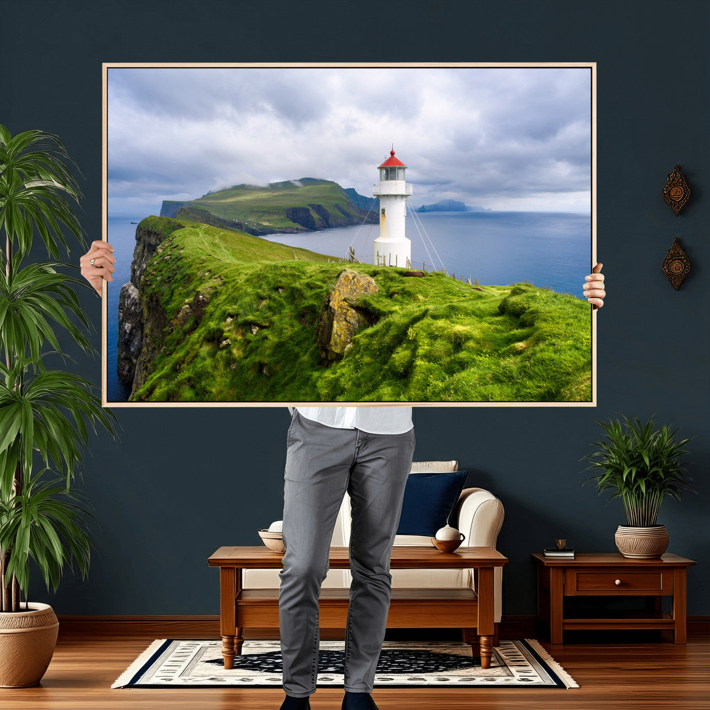 10680390-MGV-CV-36X24 - Coastal Lighthouse Wall Art Canvas Print, Cliffside Ocean Landscape Canvas Print, Scandinavian Coastal Decor for Living Room
