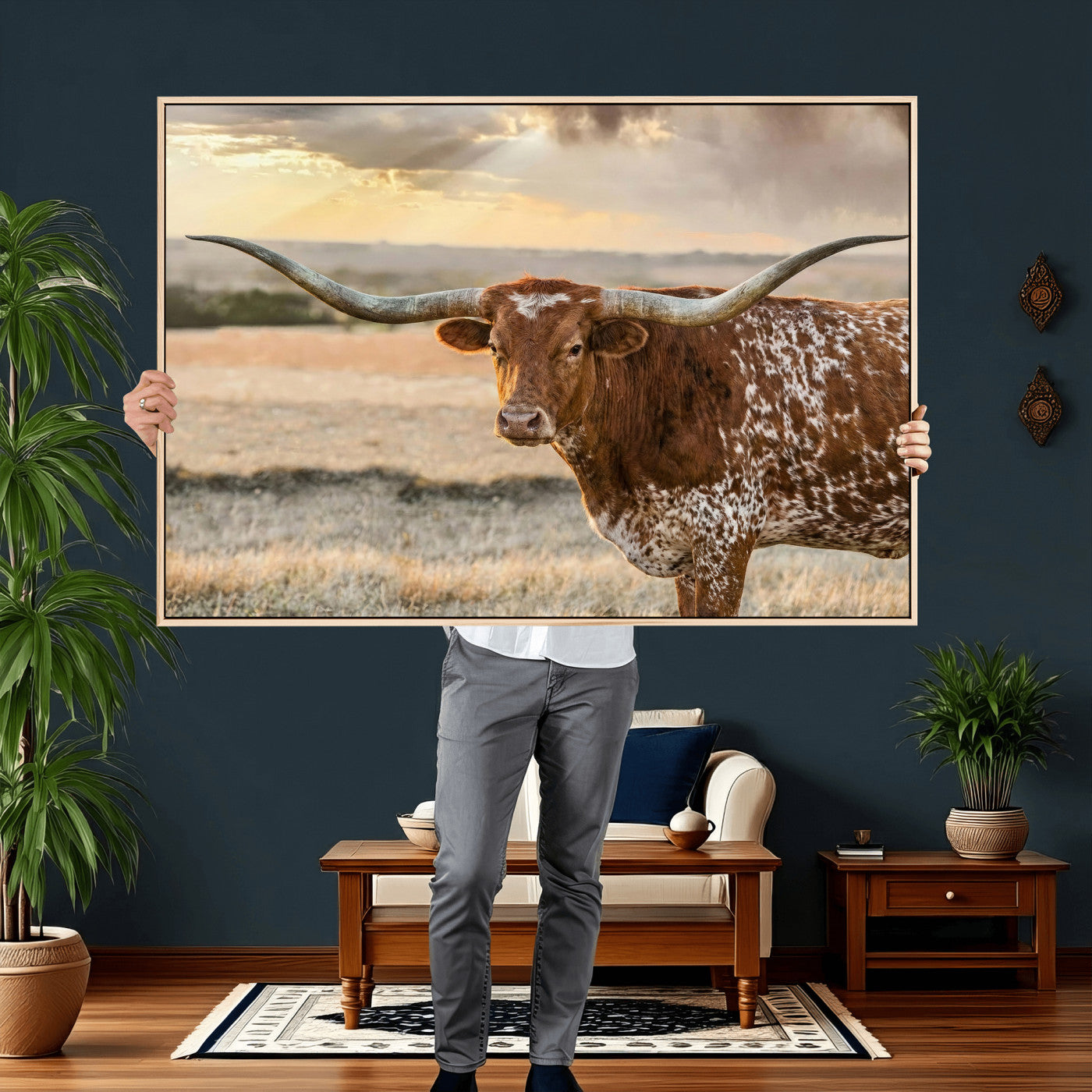16502384-MGV-CV-36X24 - Texas Longhorn Wall Art Canvas Print, Western Ranch Bull Photography Canvas Print, Rustic Farmhouse Cattle Artwork for Living Room Decor