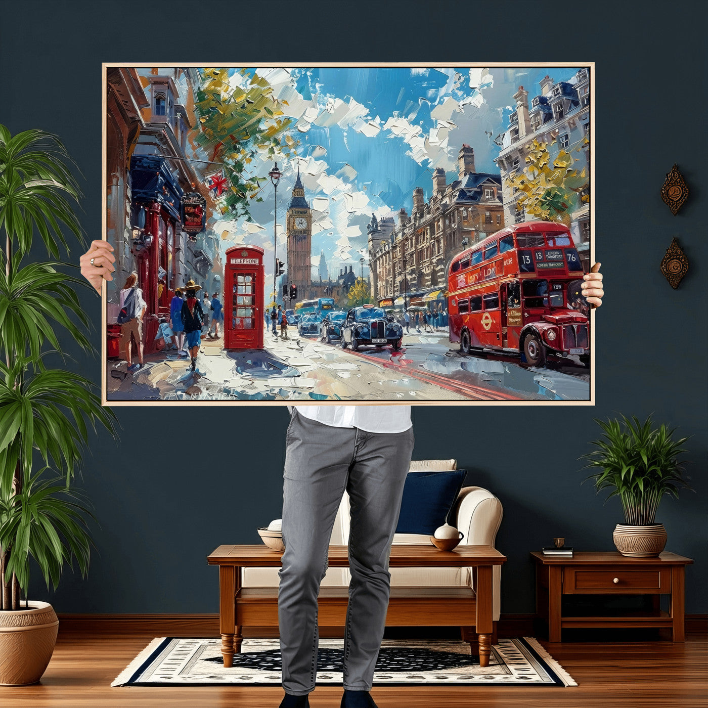 17630888-MGV-CV-36X24 - London Street Canvas Wall Art — Big Ben Red Bus Print | Oil Painting Style | UK City Wall Decor | Travel Art Gift | Living Room Print