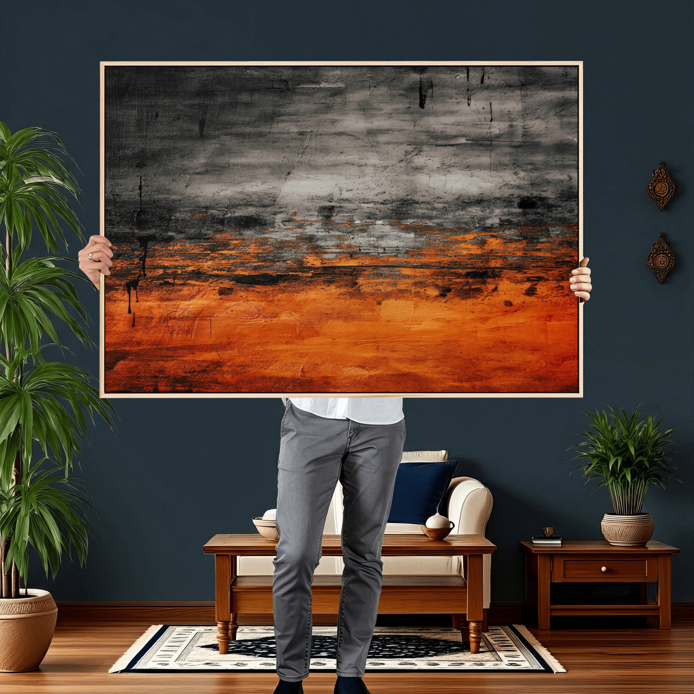 75409282-MGV-CV-36X24 - Black Orange Abstract Wall Art Canvas Print Modern Textured Painting Decor
