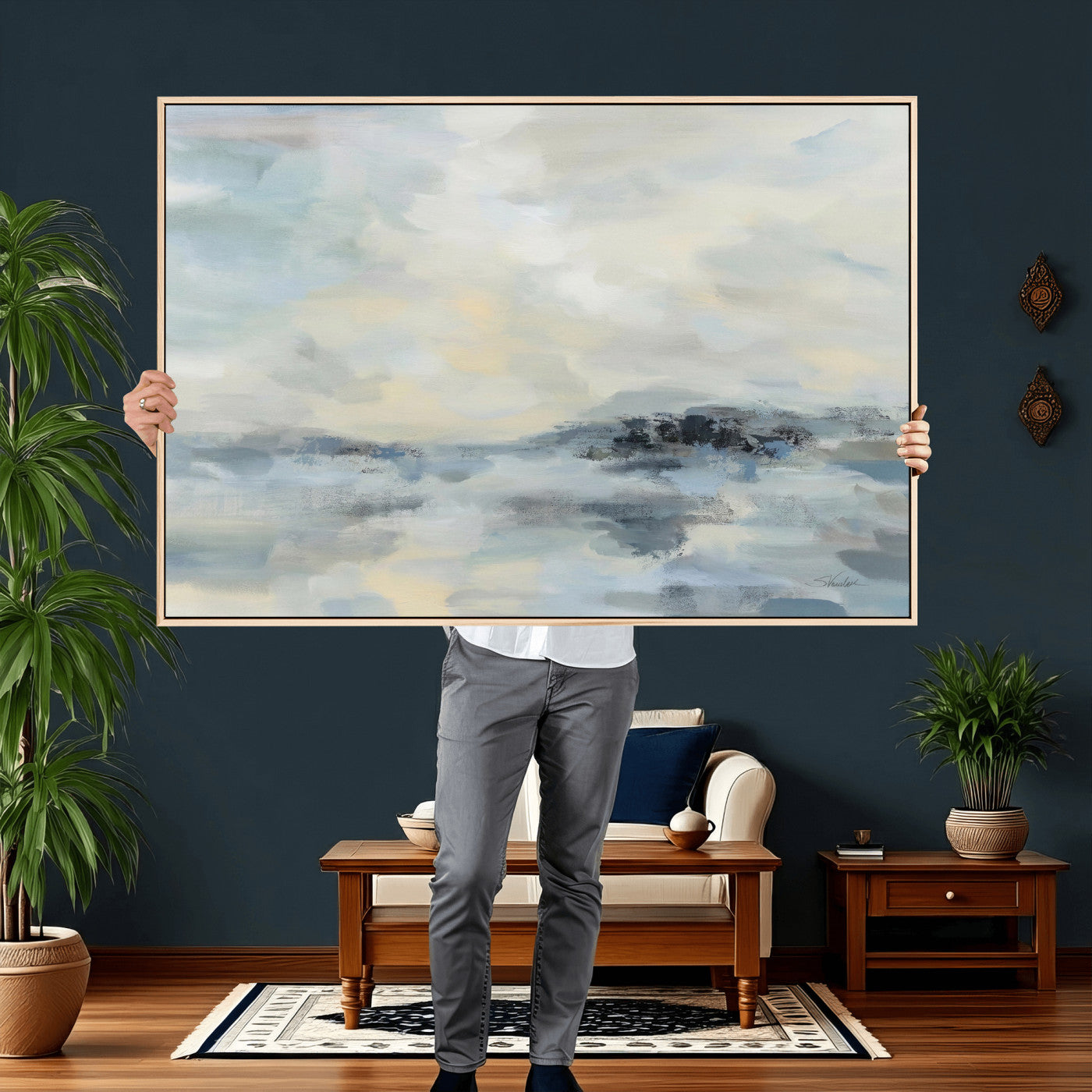24647355-MGV-CV-36X24 - Abstract Coastal Landscape Wall Art Canvas Print – Soft Blue Gray Minimalist Painting