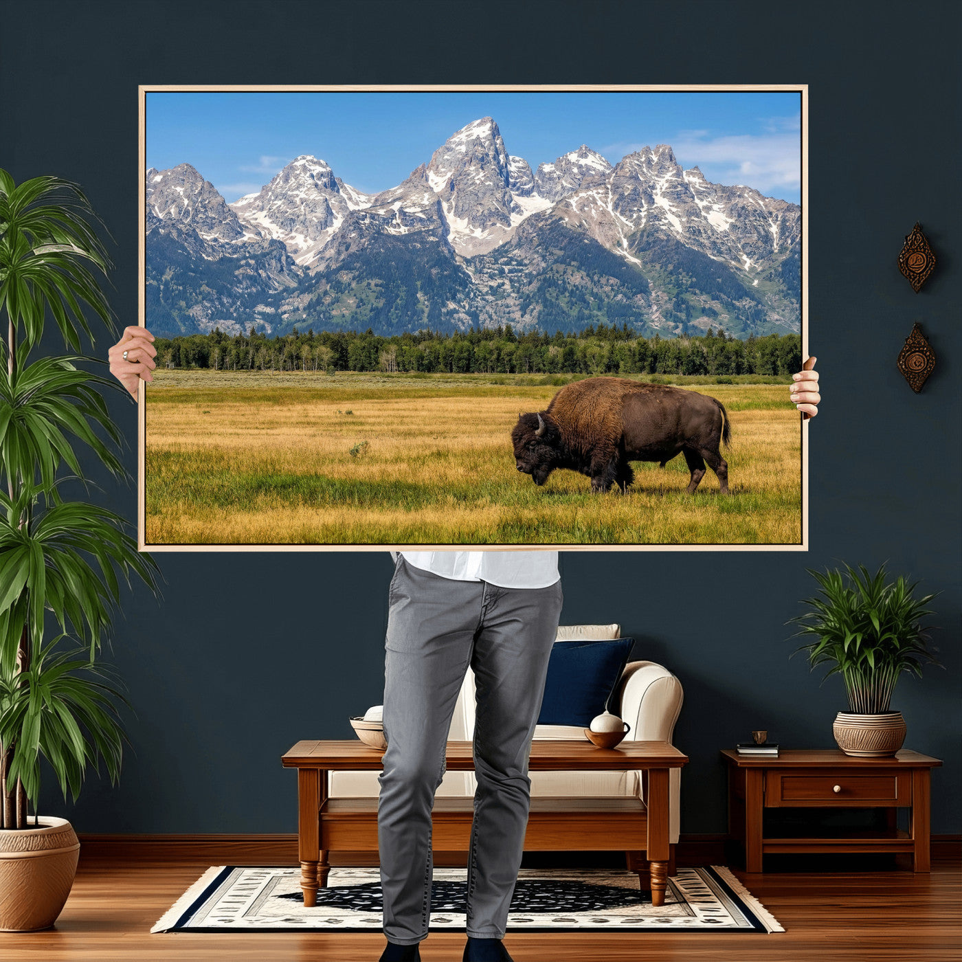 20424529-MGV-CV-36X24 - Bison in Mountain Landscape Wall Art Canvas Print – Western Wildlife Artwork for Rustic Living Room Decor