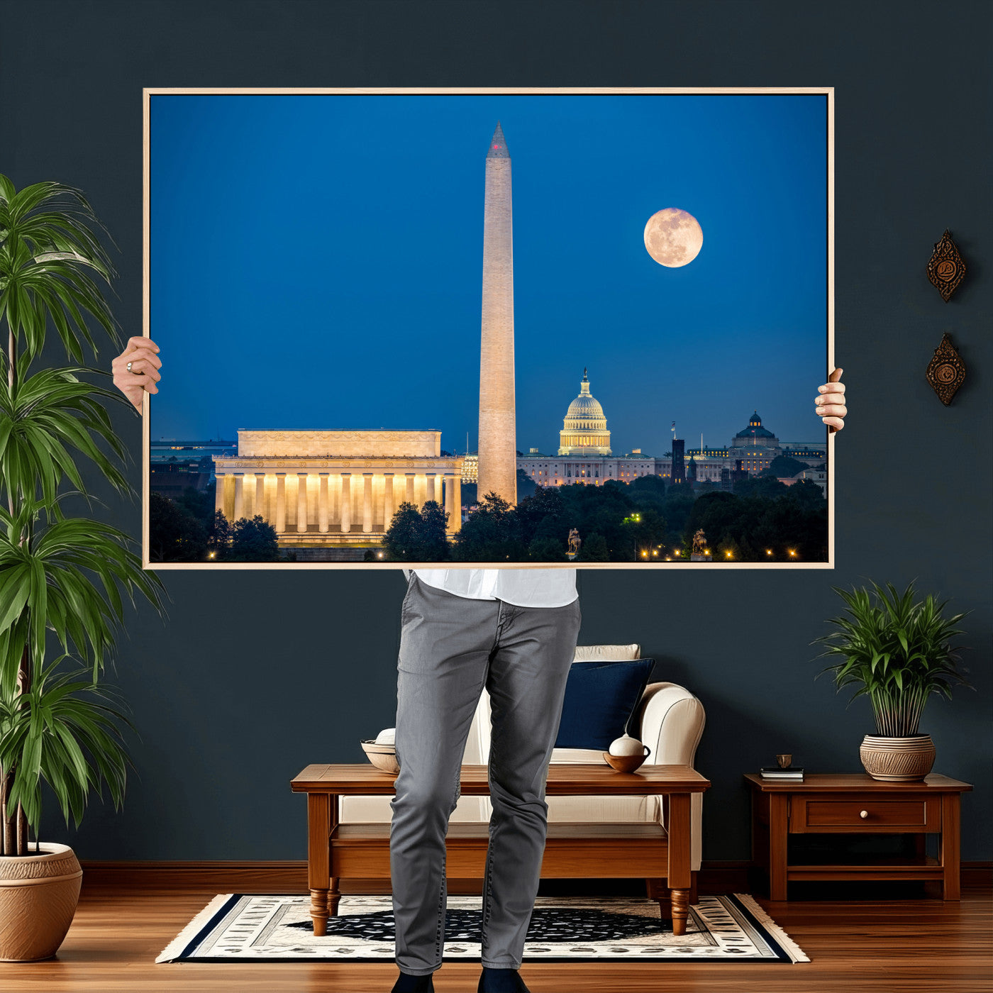 96712946-MGV-CV-36X24 - Washington DC Skyline Wall Art Canvas Print – Lincoln Memorial, Washington Monument and US Capitol Night Cityscape Artwork