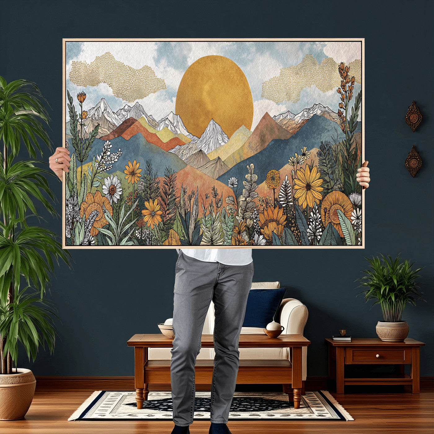 17540863-MGV-CV-36X24 - Boho Mountain Landscape Large Wall Art, Horizontal Gold Framed Canvas Print with Sun and Flowers