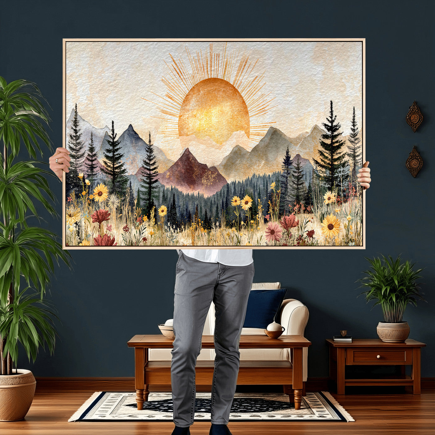 69025244-MGV-CV-36X24 - Boho Mountain Landscape Large Wall Art, Horizontal Gold Framed Canvas Print with Sun and Flowers