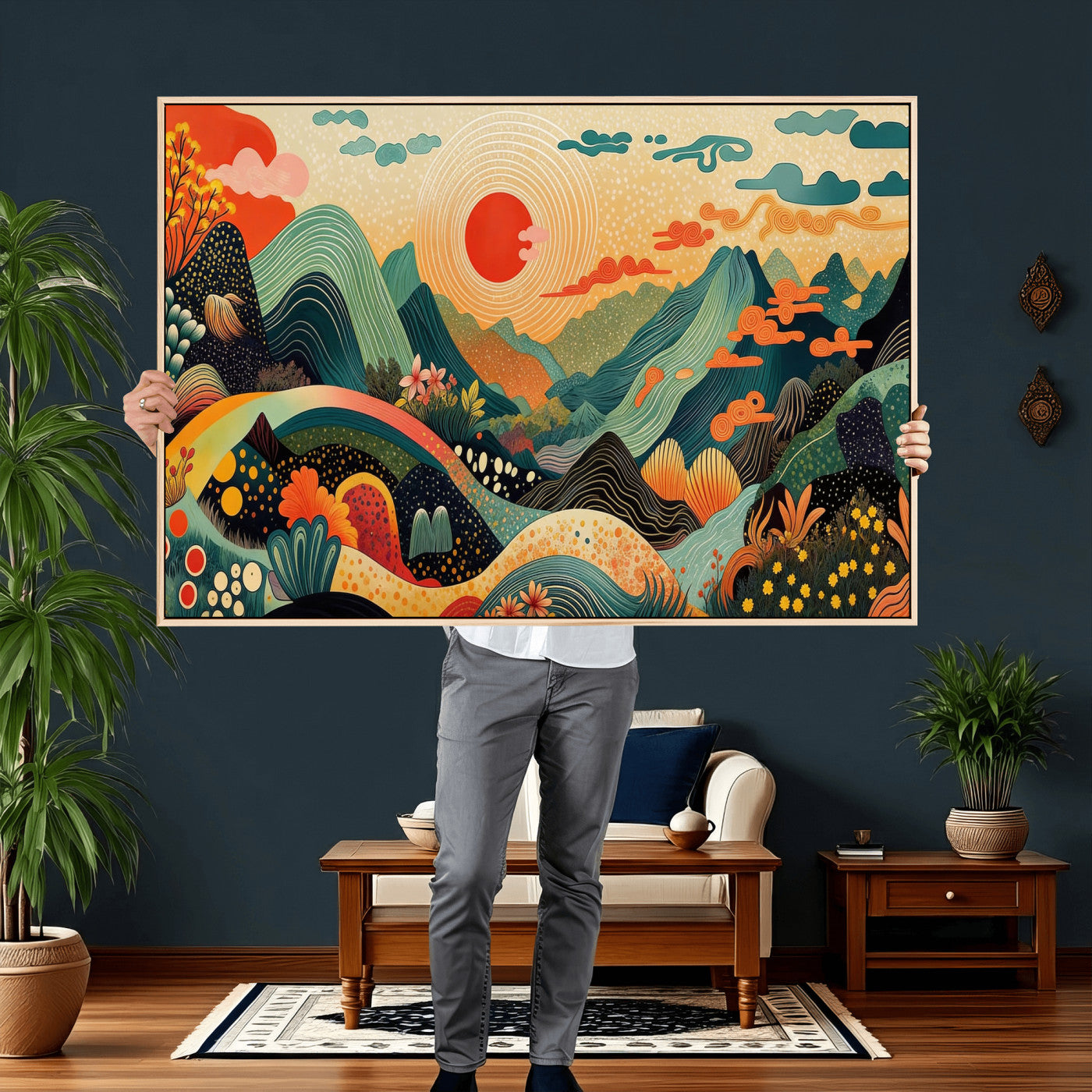 29927191-MGV-CV-36X24 - Yayoi Kusama Boho Mountain Landscape Large Wall Art, Horizontal Gold Framed Canvas Print with Sun and Flowers