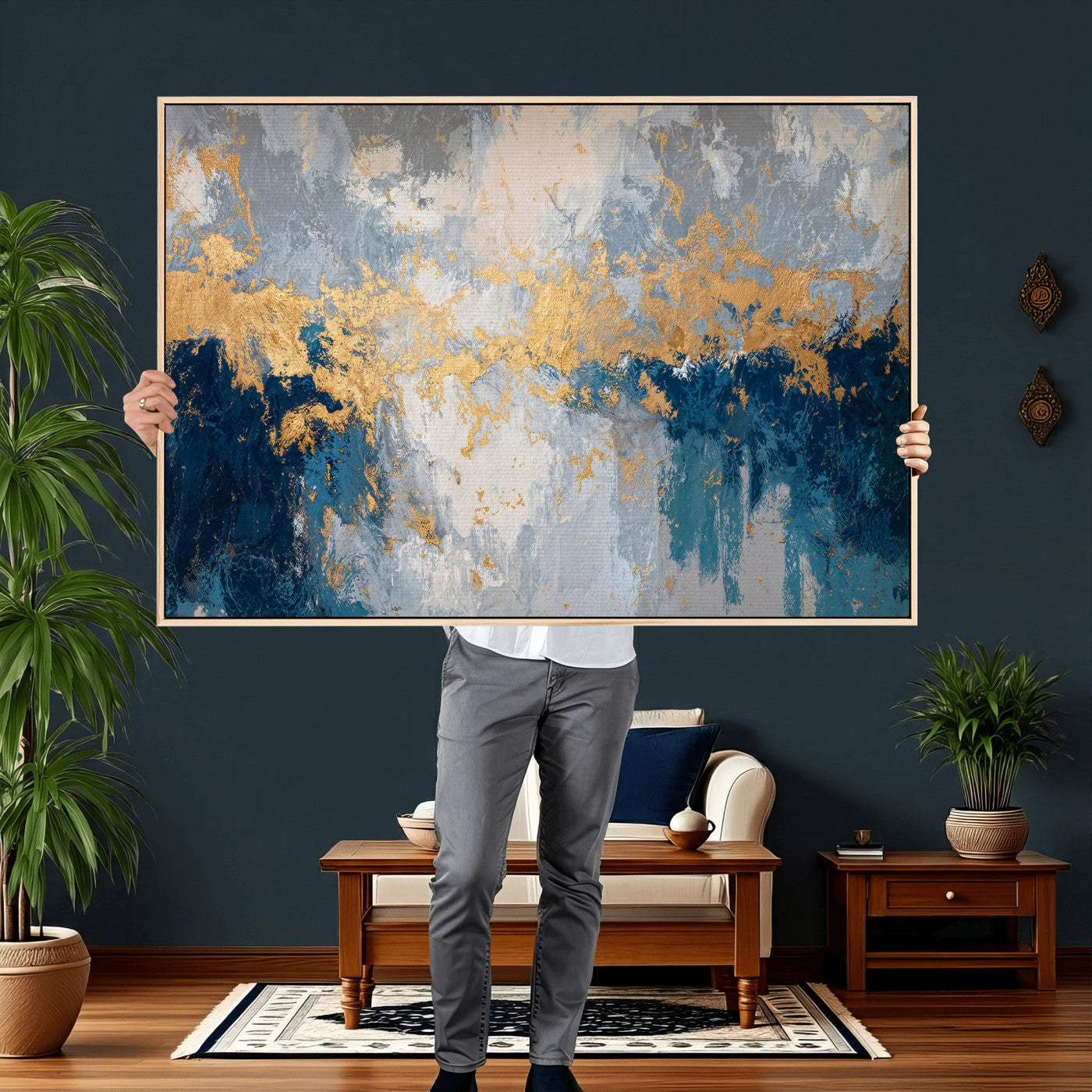 65386119-MGV-CV-36X24 - Blue Gold Abstract Large Framed Canvas Wall Art, Modern Luxury Painting Print in Horizontal Oversized Minimal Wall Decor Artwork