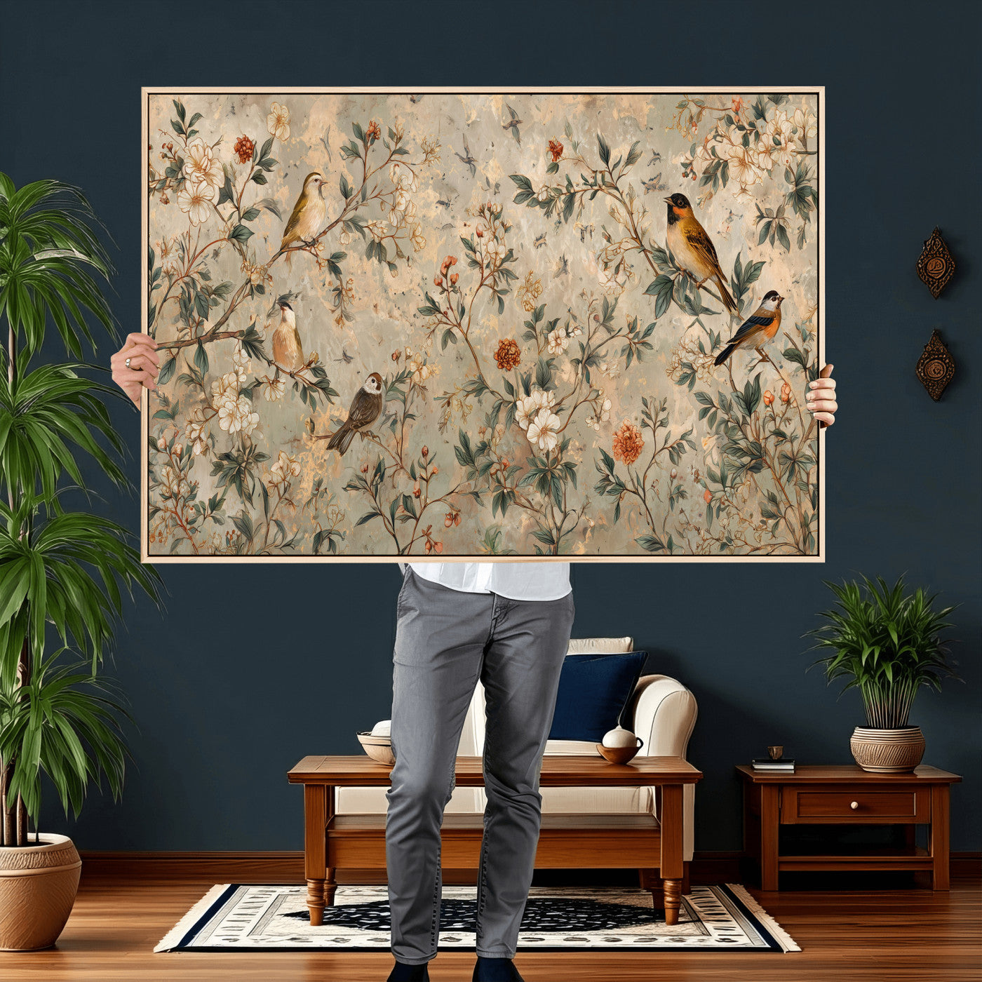 76588438-MGV-CV-36X24 - Vintage Birds and Flowers Wall Art Canvas Print, Botanical Bird Painting Canvas Print, Floral Garden Bird Artwork Canvas Print, Classic Bird Flower Painting Canvas Print