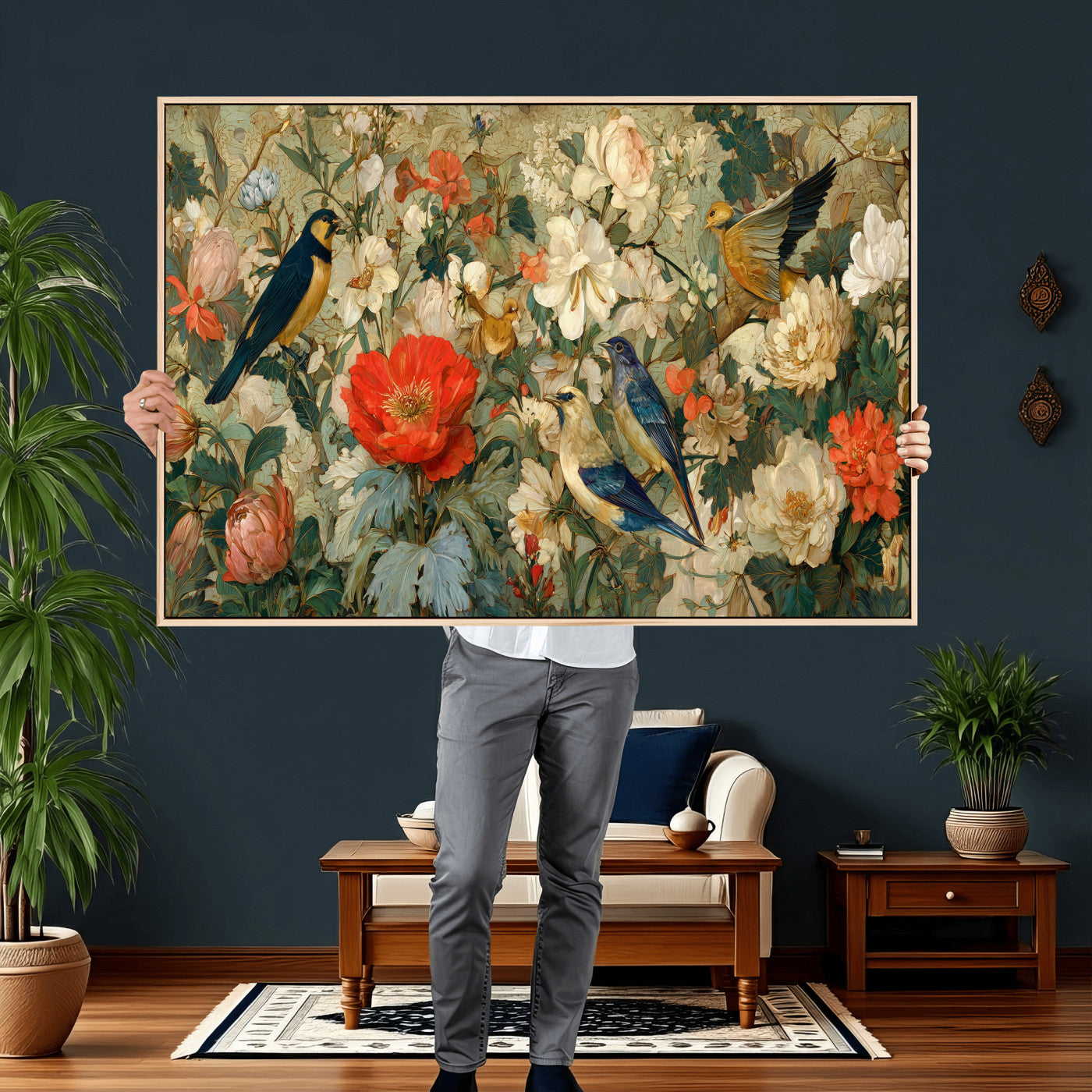 52904757-MGV-CV-36X24 - Vintage Birds and Flowers Wall Art Canvas Print, Botanical Bird Painting Canvas Print, Floral Garden Bird Artwork Canvas Print, Classic Bird Flower Painting Canvas Print