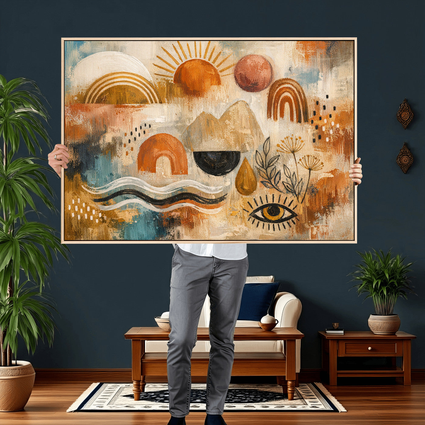 52155239-MGV-CV-36X24 - Geometric Boho Abstract Wall Art Canvas Print, Orange Blue Abstract Expressionist Painting Print, Modern Geometric Abstract Canvas Art