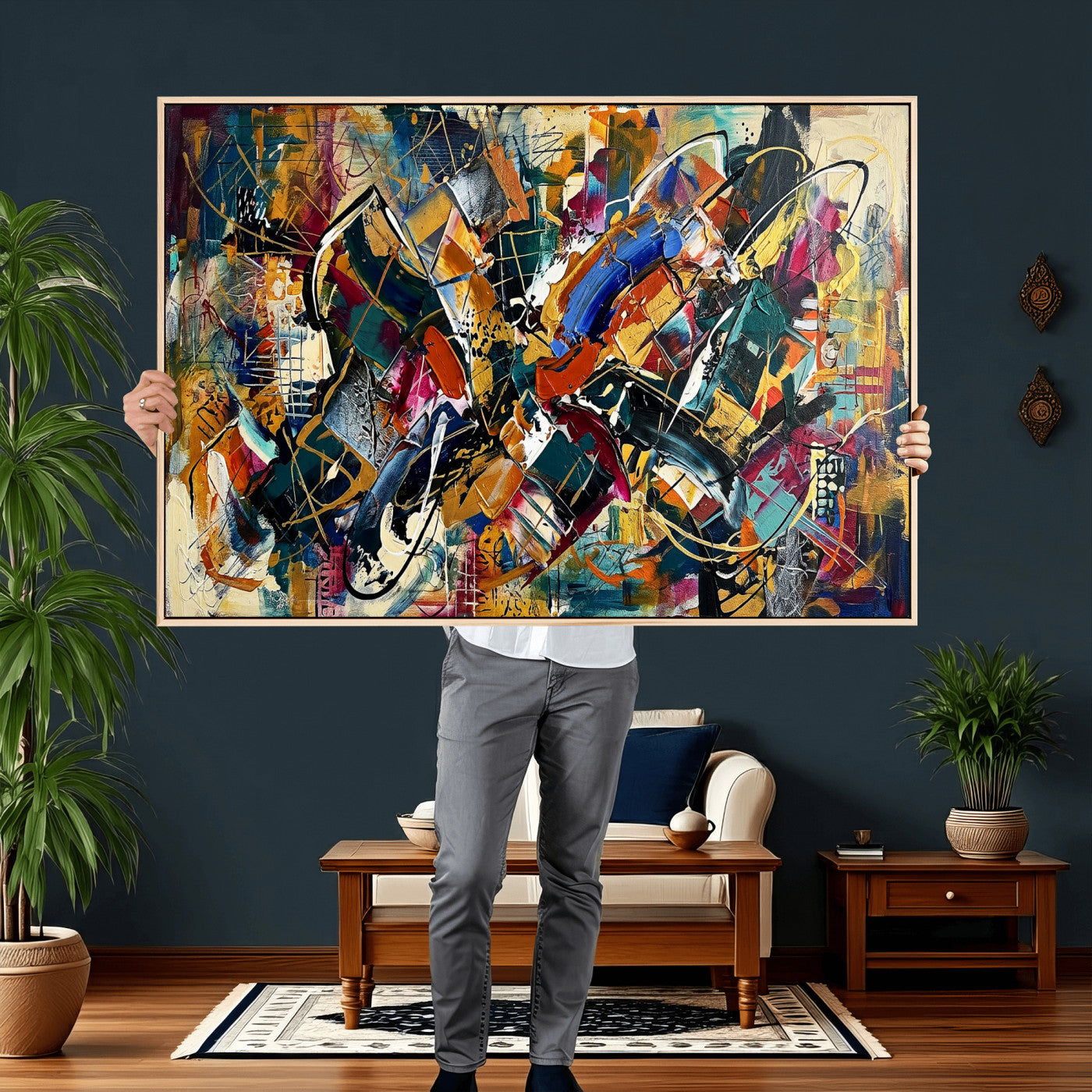 15525527-MGV-CV-36X24 - Geometric Abstract Wall Art Canvas Print, Orange Blue Abstract Expressionist Painting Print, Modern Geometric Abstract Canvas Art
