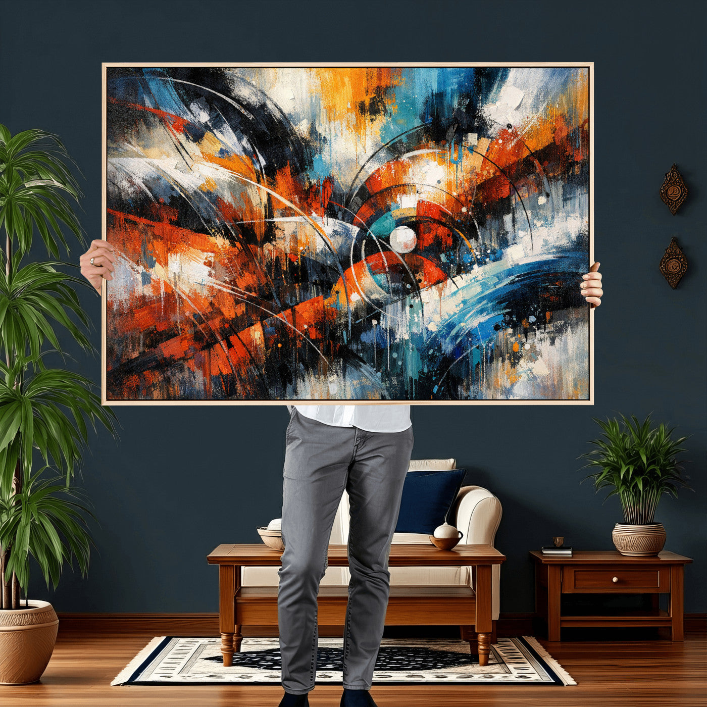 47120691-MGV-CV-36X24 - Geometric Abstract Wall Art Canvas Print, Orange Blue Abstract Expressionist Painting Print, Modern Geometric Abstract Canvas Art