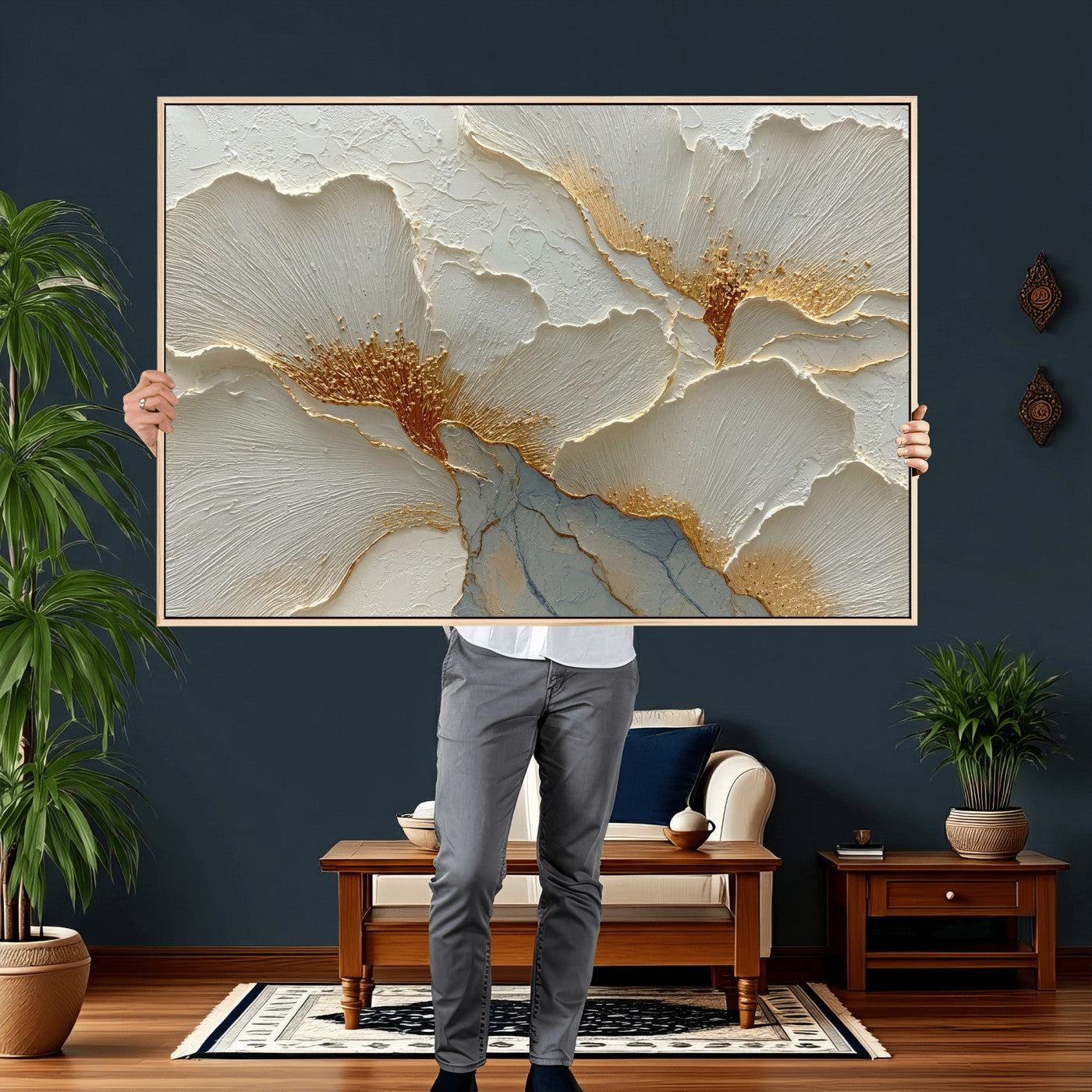 4712069F1-MGV-CV-36X24 - White Gold Floral Canvas Wall Art — Textured Flower Print | Luxury Botanical Decor | Elegant Bedroom Art | Gold Leaf Wall Art Gift