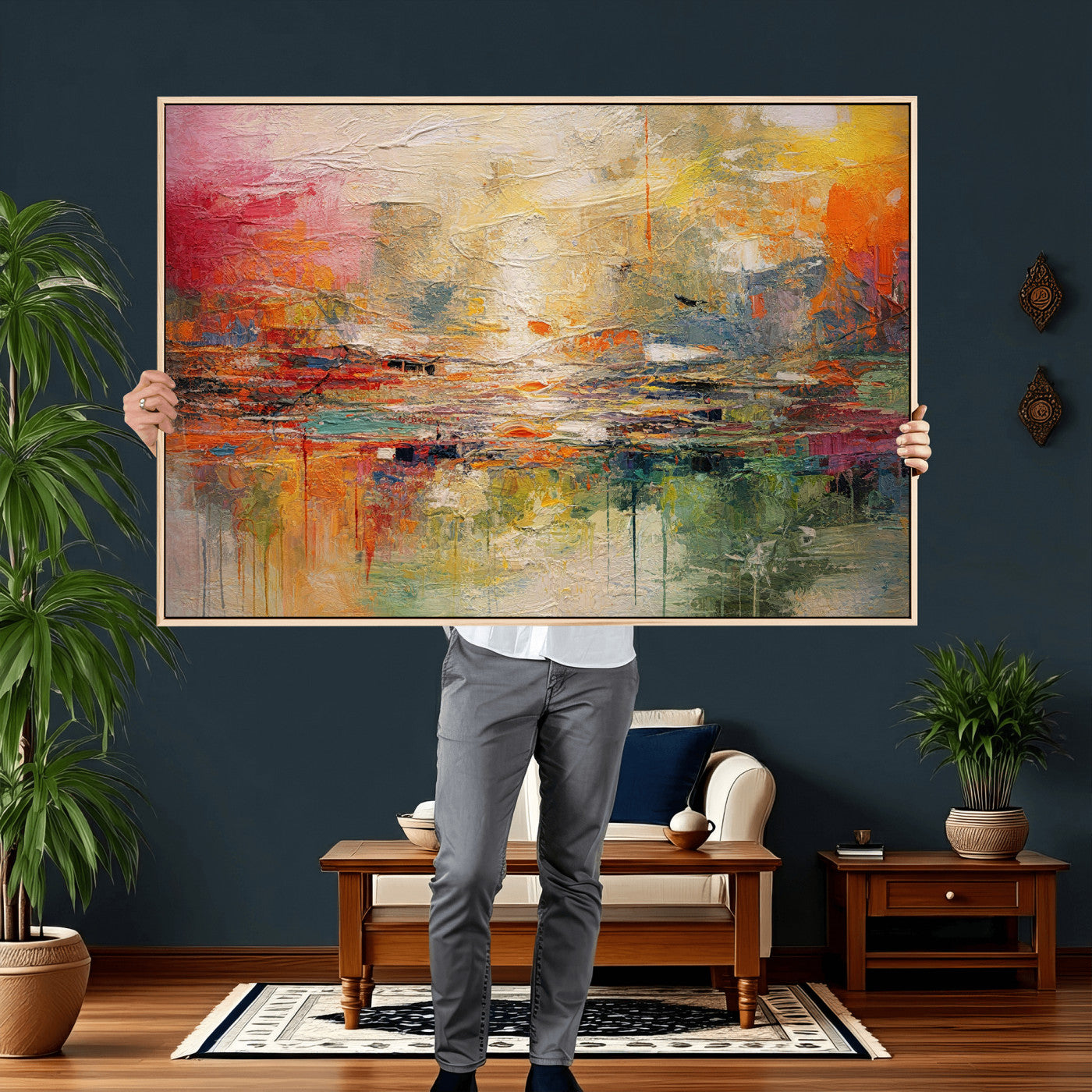 4712069P1-MGV-CV-36X24 - Colorful Abstract Canvas Wall Art — Large Textured Oil Painting Style Print | Orange Red Boho Wall Decor | Modern Living Room Art | Bold Wall Art