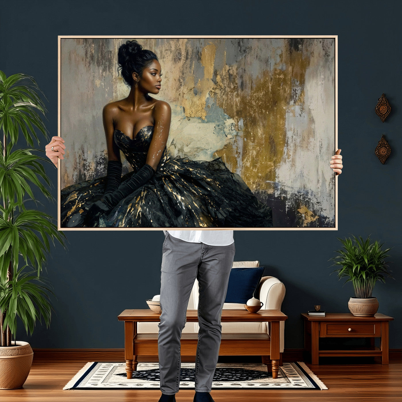 4712069Z1-MGV-CV-36X24 - Elegant Woman Canvas Wall Art — Black Gold Gown Fashion Print | Luxury Glam Wall Decor | African American Art | Bold Bedroom Wall Art Gift