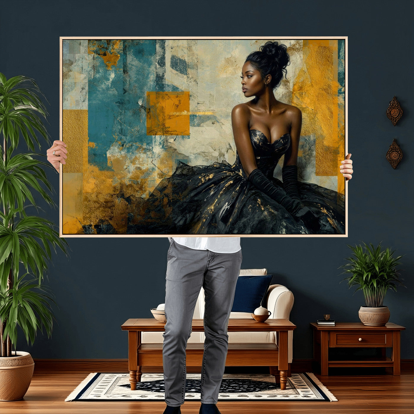 4712069Z21-MGV-CV-36X24 - Elegant Woman Canvas Wall Art — Black Gold Gown Fashion Print | Luxury Glam Wall Decor | African American Art | Bold Bedroom Wall Art Gift