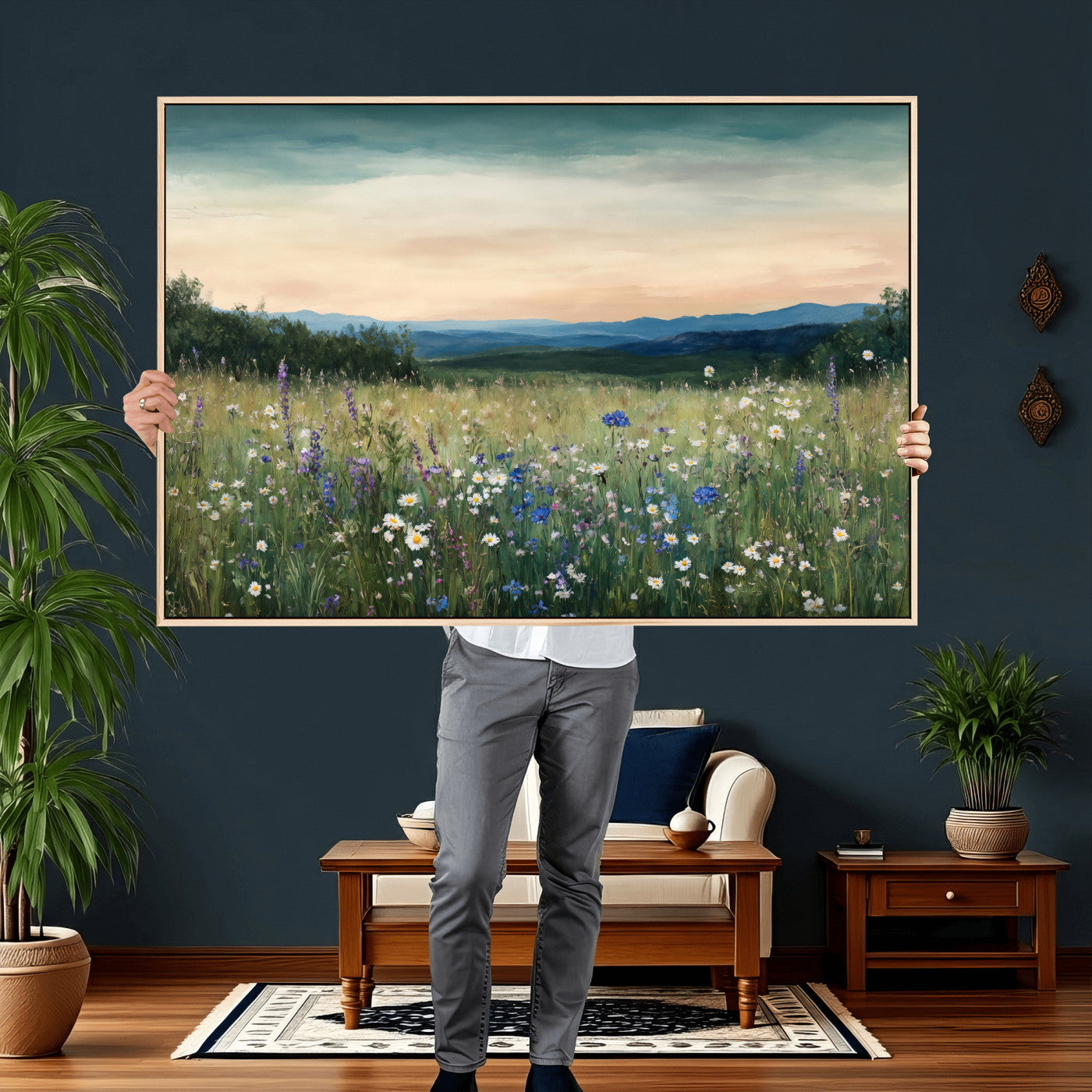 35773805-MGV-CV-36X24 - Wildflower Meadow Oil Painting Canvas — Daisy Lavender Mountain Sunset Print | Cottagecore Floral Wall Art | Bedroom Decor Gift for Her
