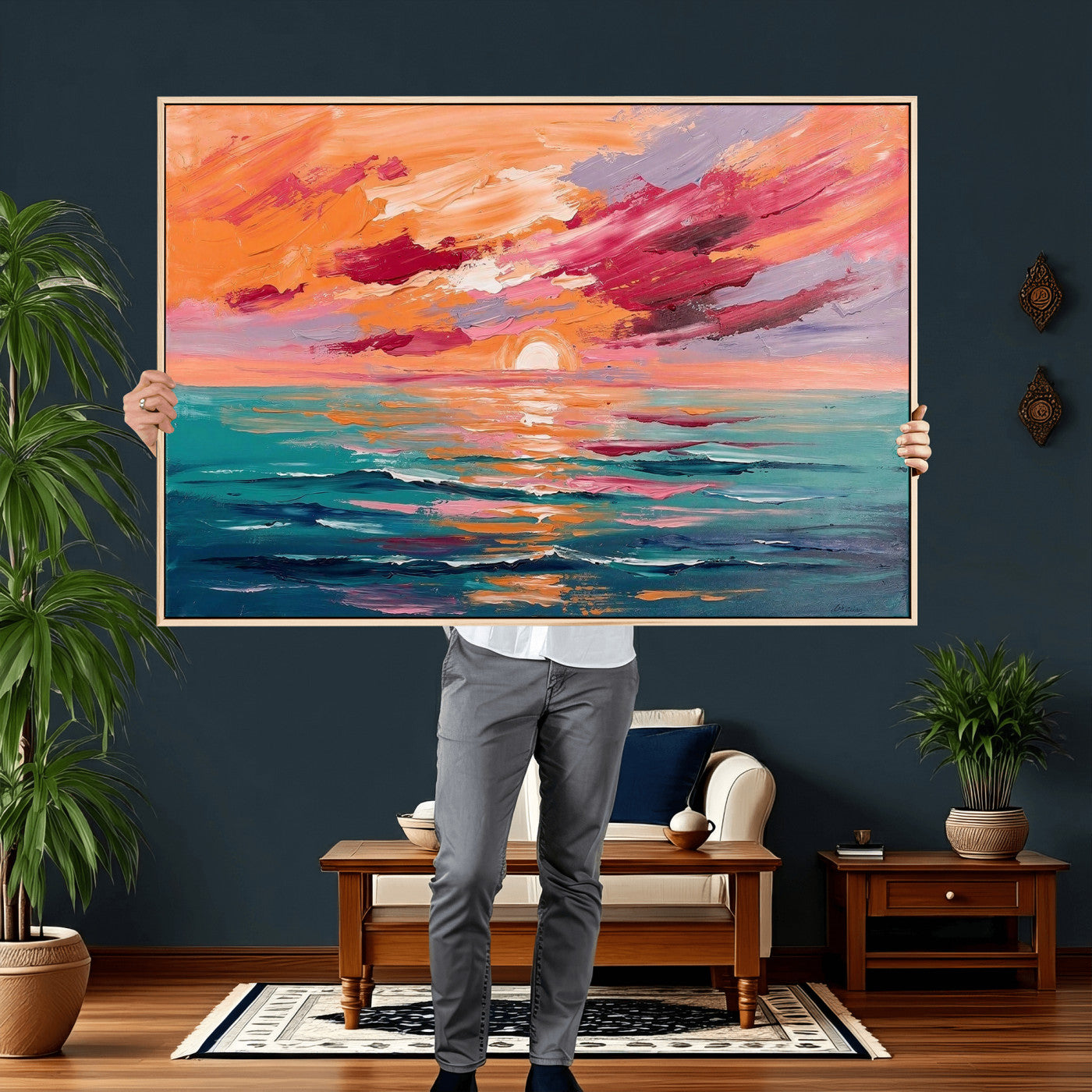 26763902-MGV-CV-36X24 - Bold Palette Knife Ocean Sunset Canvas — Orange Pink Teal Expressionist Sea Print | Colorful Coastal Wall Art | Vibrant Beach Decor Gift