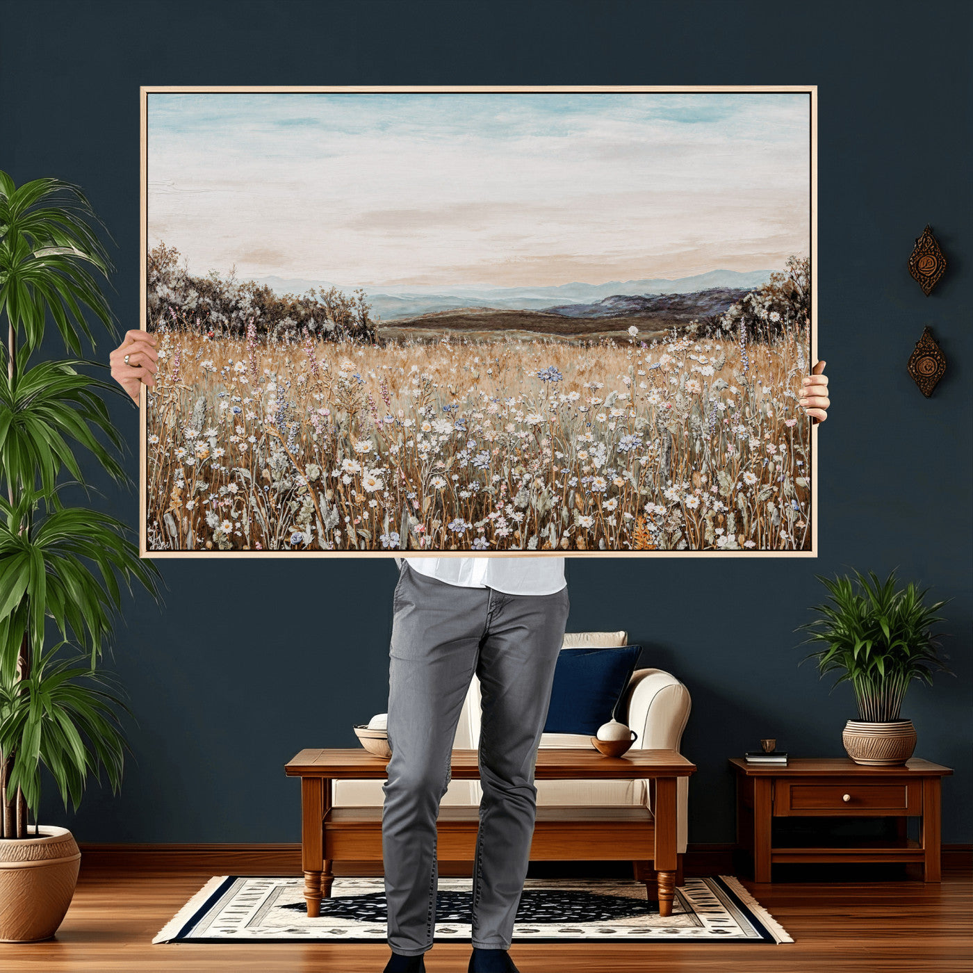 F35773805-MGV-CV-36X24 - Neutral Wildflower Field Canvas Wall Art — Beige Earth Tone Botanical Meadow Print | Farmhouse Boho Decor | Bedroom Living Room Gift Her