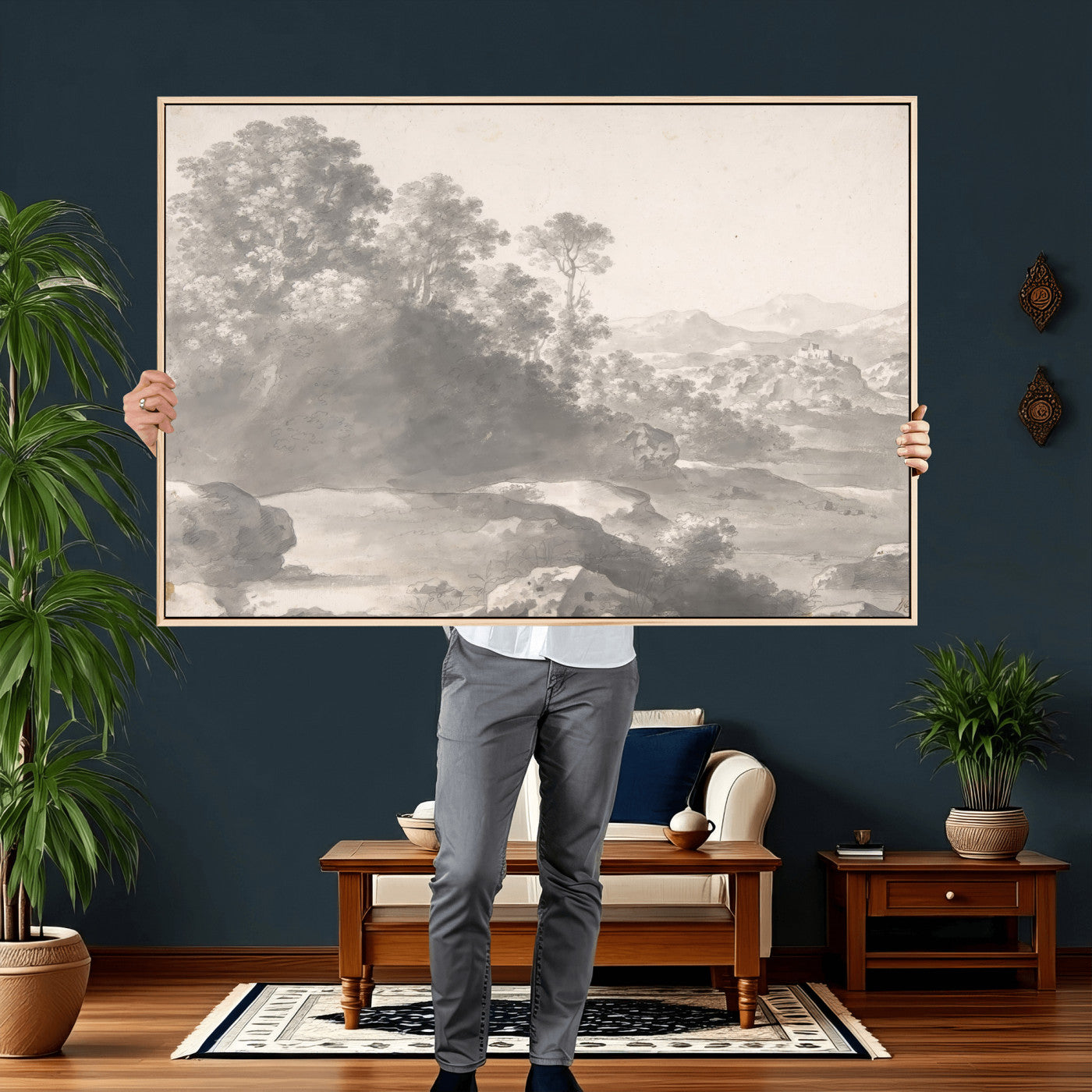 33041209-MGV-CV-36X24 - Van Poelenburch Landscape Canvas Wall Art — Dutch Golden Age Gray Wash Drawing Print | Baroque Italianate Nature Decor | Old Master Classic Gift