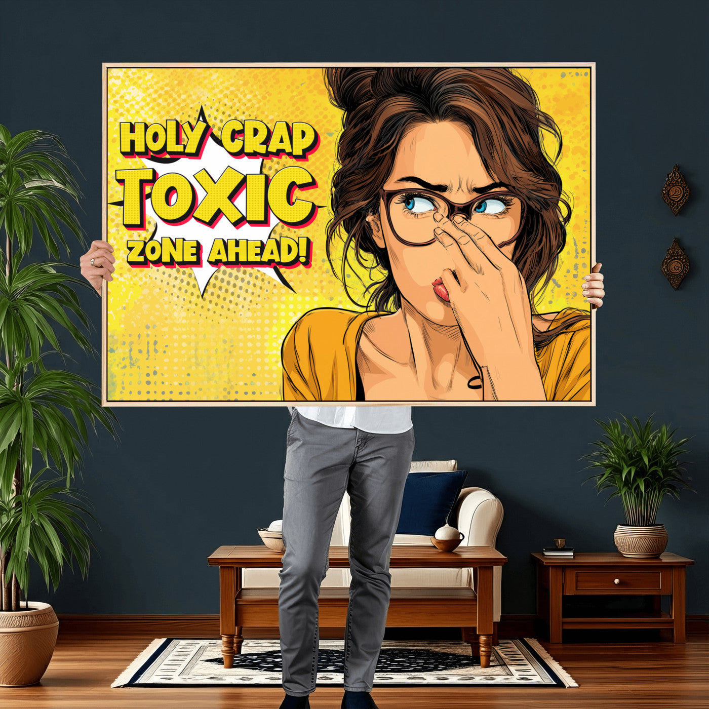 96263876-MGV-CV-36X24 - Pop Art Print Bathroom Sign Wall Art Canvas Print — Funny Bathroom Canvas | Comic Style Toilet Wall Decor | Humor Gift | Yellow Bold Bathroom Art