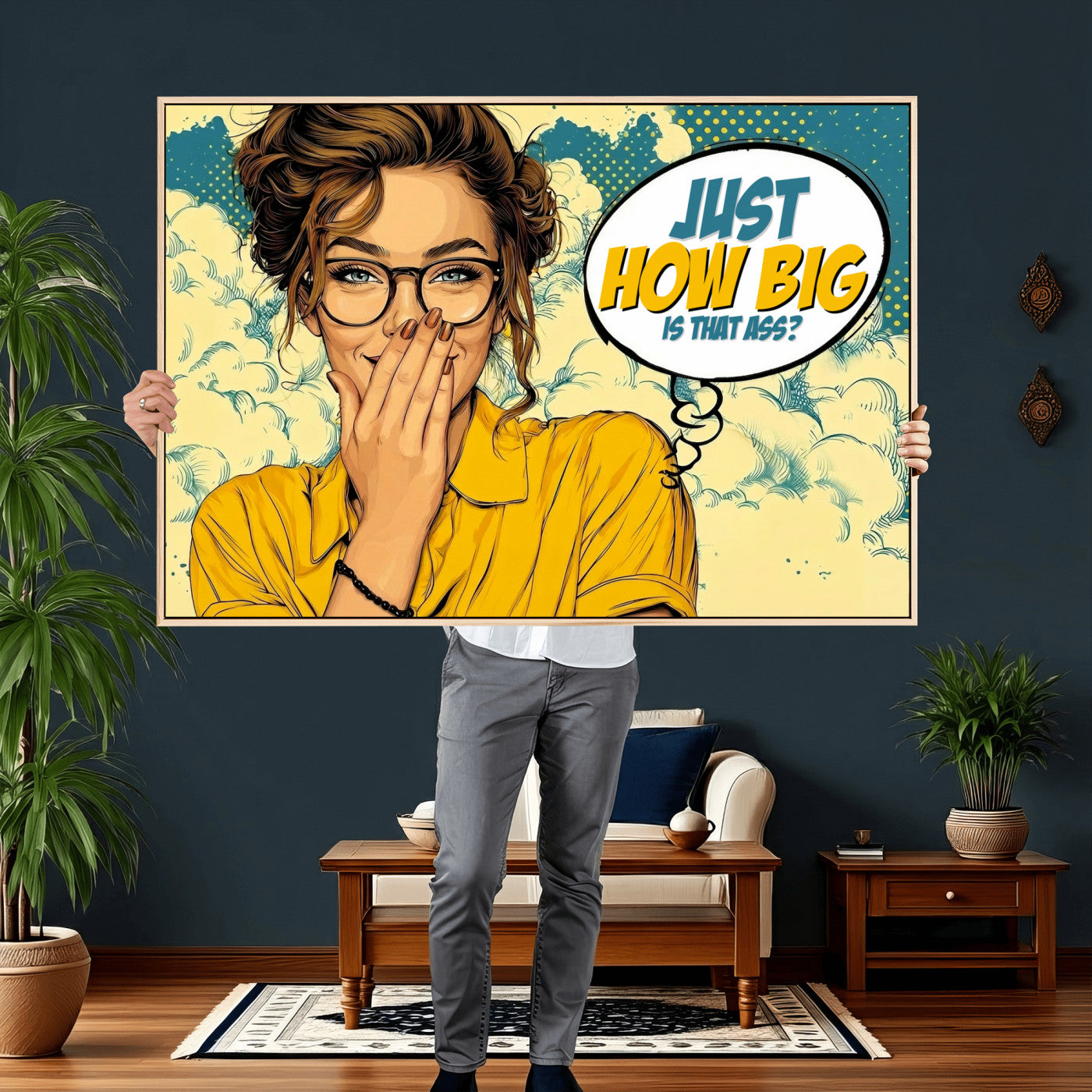 T79156505-MGV-CV-36X24 - Pop Art Print Bathroom Sign Wall Art Canvas Print — Funny Bathroom Canvas | Comic Style Toilet Wall Decor | Humor Gift | How Big Ass