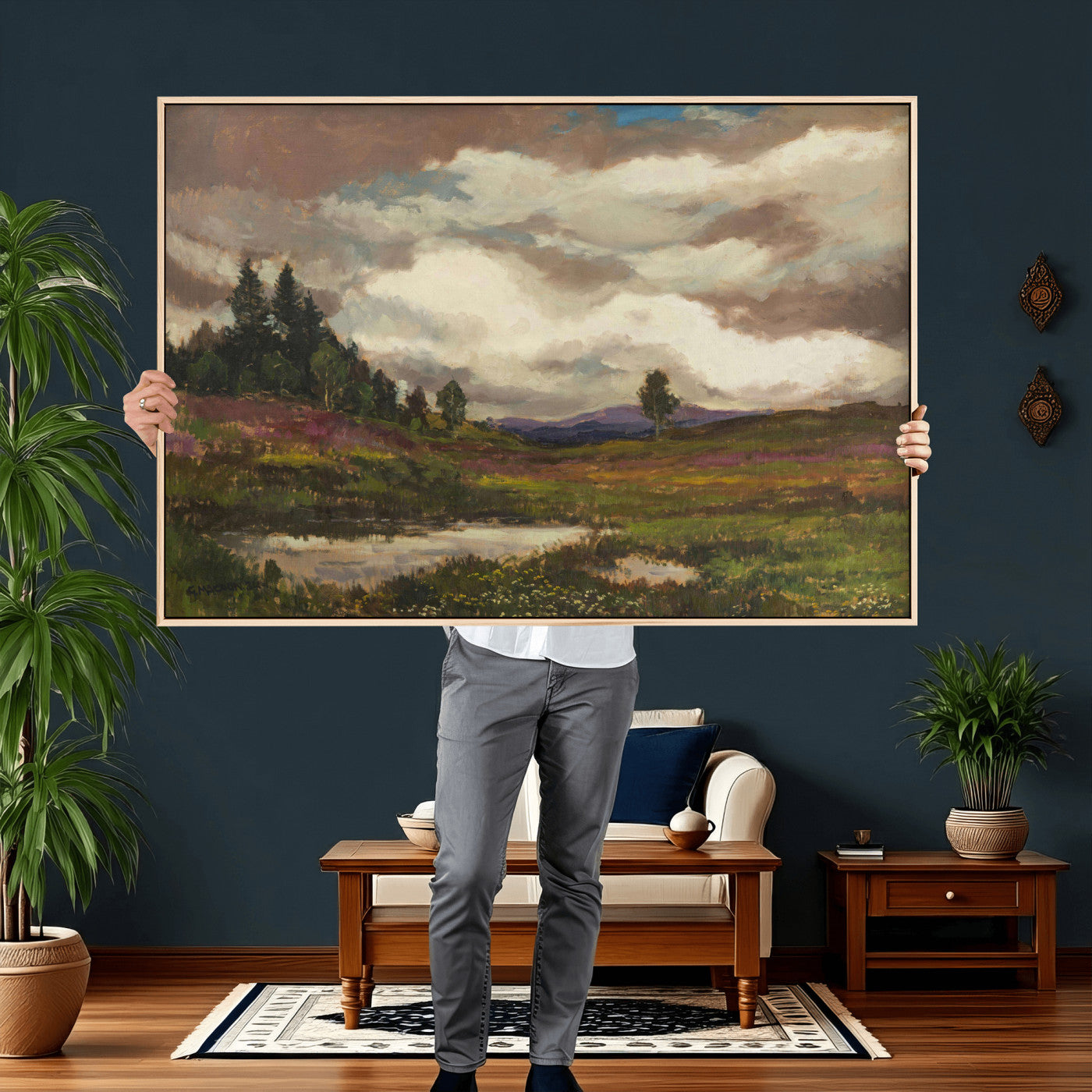 96795851-MGV-CV-36X24 - Gustav Macoun Heathland Canvas Print, Czech Landscape Oil Painting Reproduction, Purple Heather Moorland Art, Vintage European Nature Decor