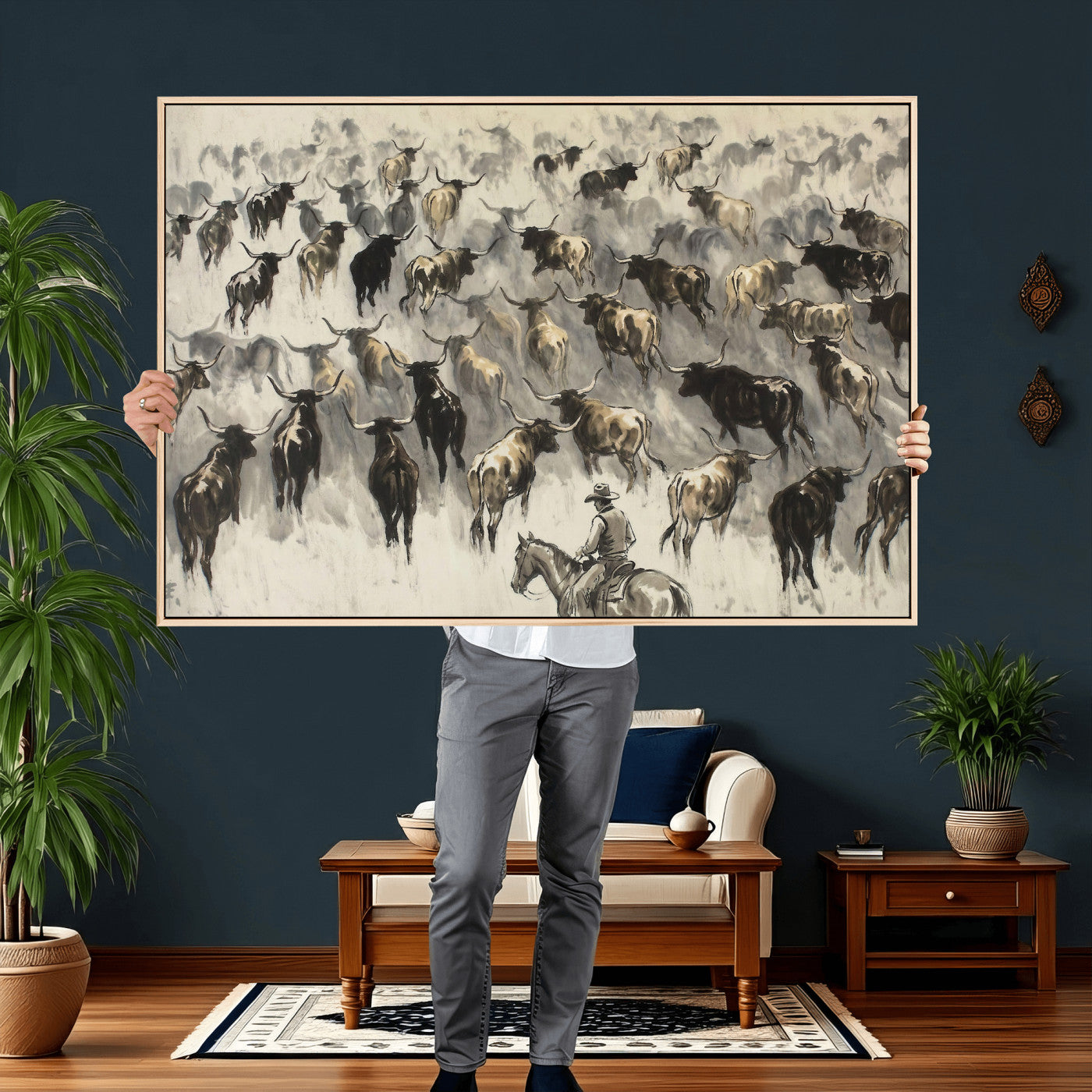 48049876-MGV-CV-36X24 - Cowboy Cattle Drive Canvas Wall Art, Western Longhorn Herd Ink Painting Print, Ranch Rodeo Decor, Black White Western Art, Large Living Room Art