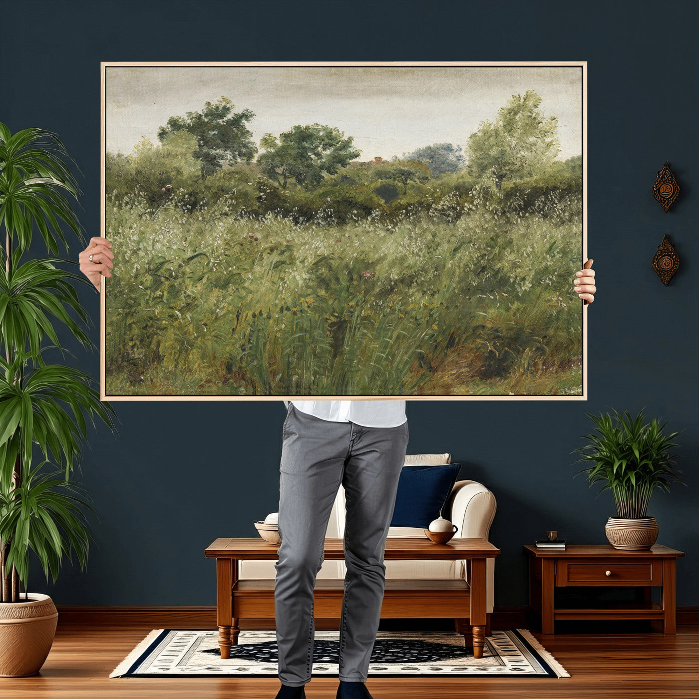 92328261-MGV-CV-36X24 - Wildflower Meadow Canvas Wall Art, Impressionist Overgrown Field Painting Print, Vintage Green Nature Decor, Cottagecore Botanical Art, Living Room Print