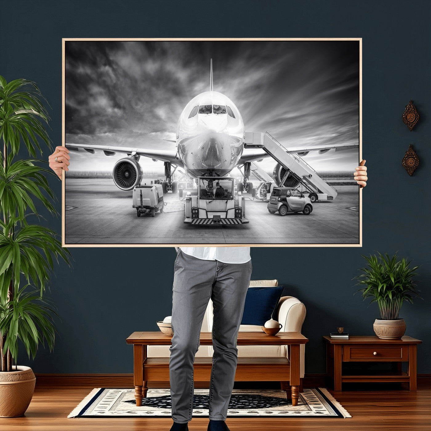 85885848-MGV-CV-36X24 - Airplane Wall Art Canvas Print, Black and White Jet Aircraft Airport Runway Framed Aviation Artwork for Pilot Office Hangar Travel Decor