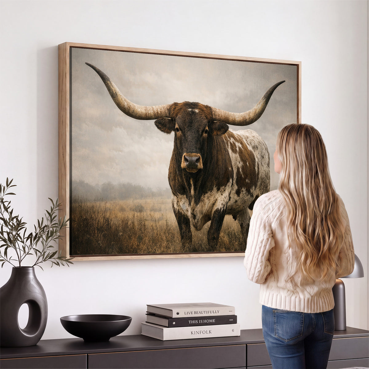 17622011L-_Poster-30x20 - Longhorn Bull Wall Art Canvas Print, Western Farmhouse Decor