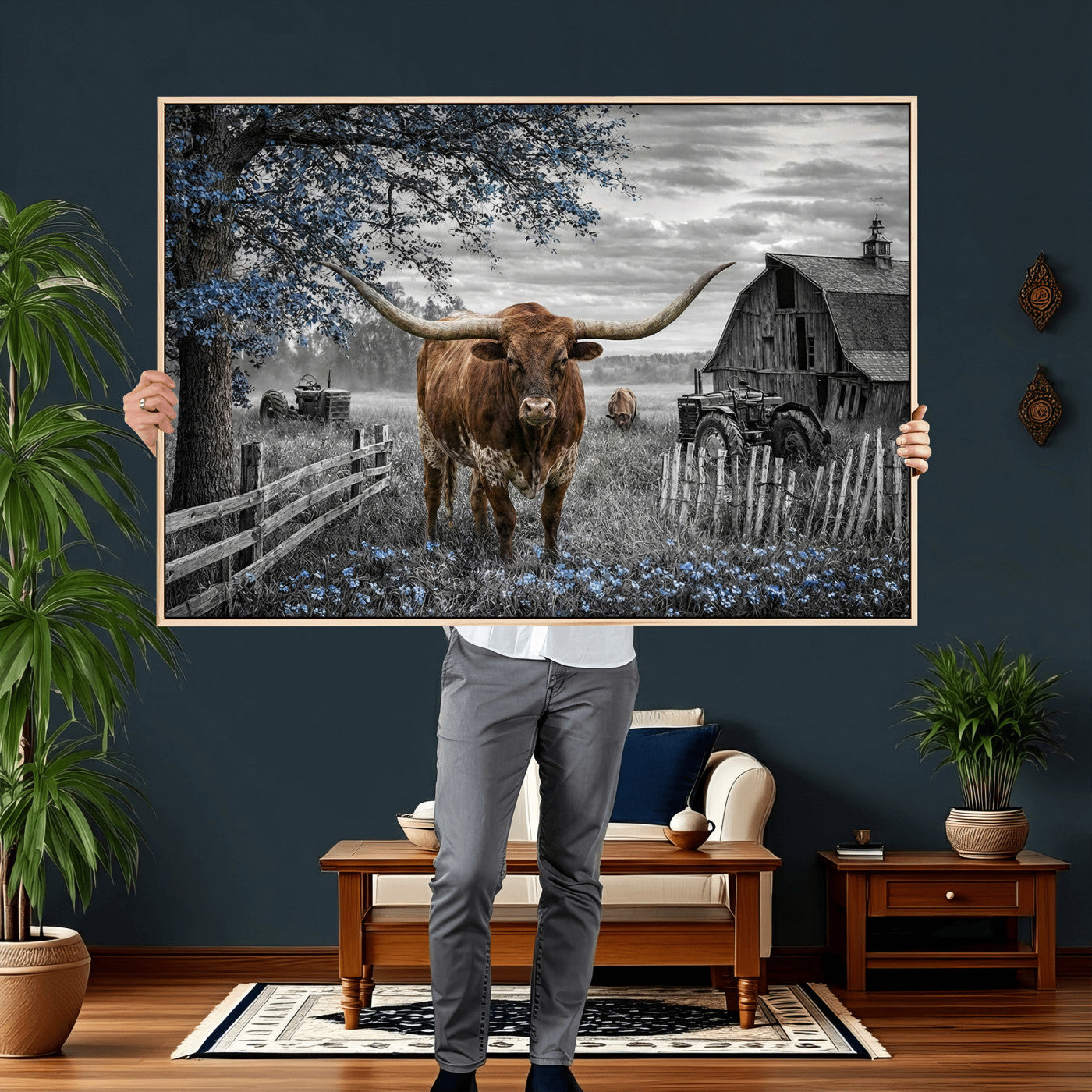 19366343-MGV-CV-36X24 - Texas Longhorn Canvas Wall Art, Rustic Farm Barn Bluebonnet Photography Print, Farmhouse Country Decor, Western Ranch Art, Old Truck Tractor Print